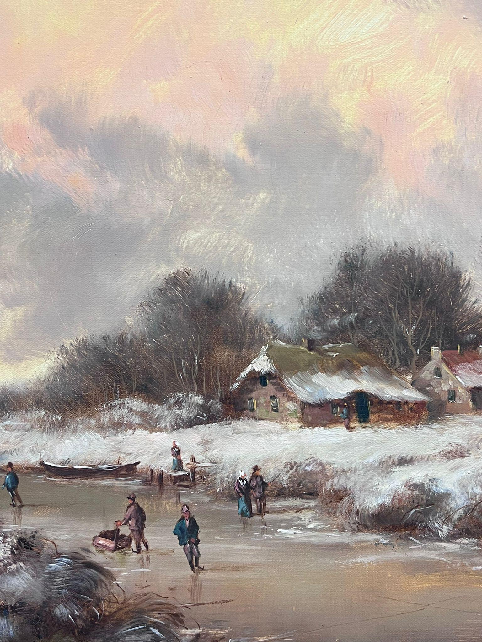 Classical Dutch Winter Scene Figures Large Oil Painting Signed & Gilt Framed For Sale 10
