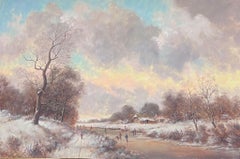 Classical Dutch Winter Scene Figures Large Oil Painting Signed & Gilt Framed
