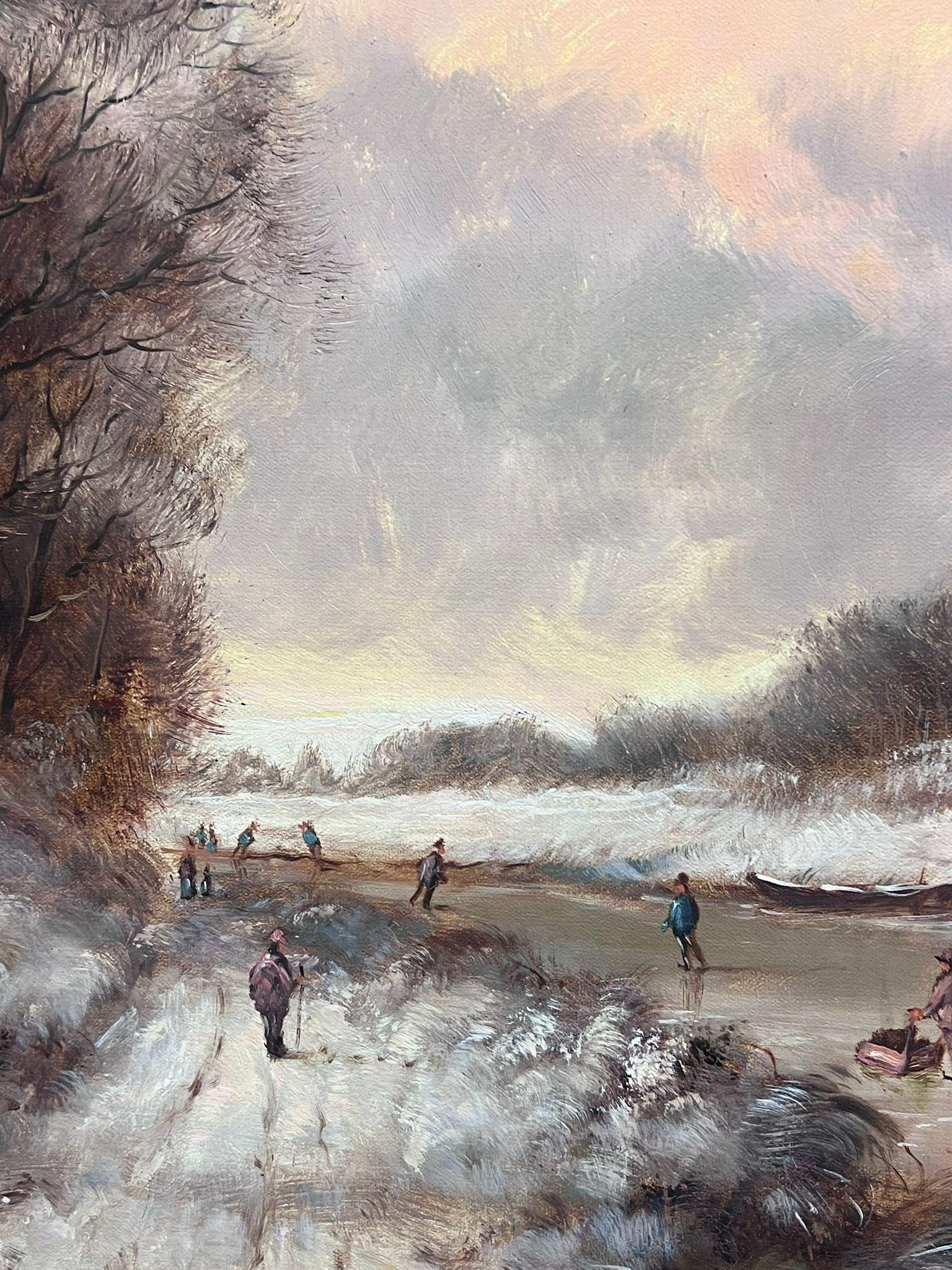 Classical Dutch Winter Scene Figures Large Oil Painting Signed & Gilt Framed For Sale 5