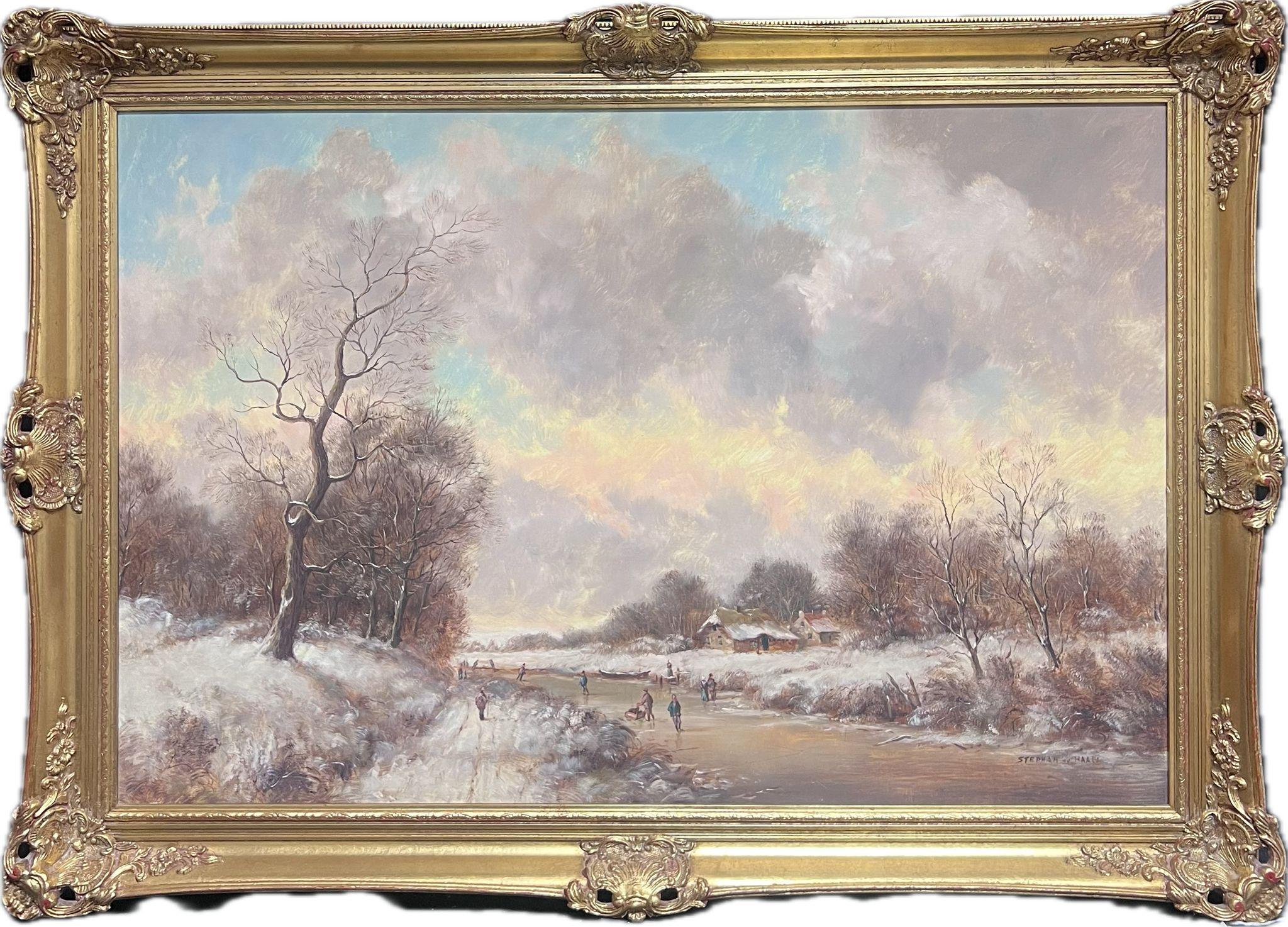 Dutch artist Landscape Painting - Classical Dutch Winter Scene Figures Large Oil Painting Signed & Gilt Framed