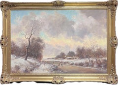 Classical Dutch Winter Scene Figures Large Oil Painting Signed & Gilt Framed