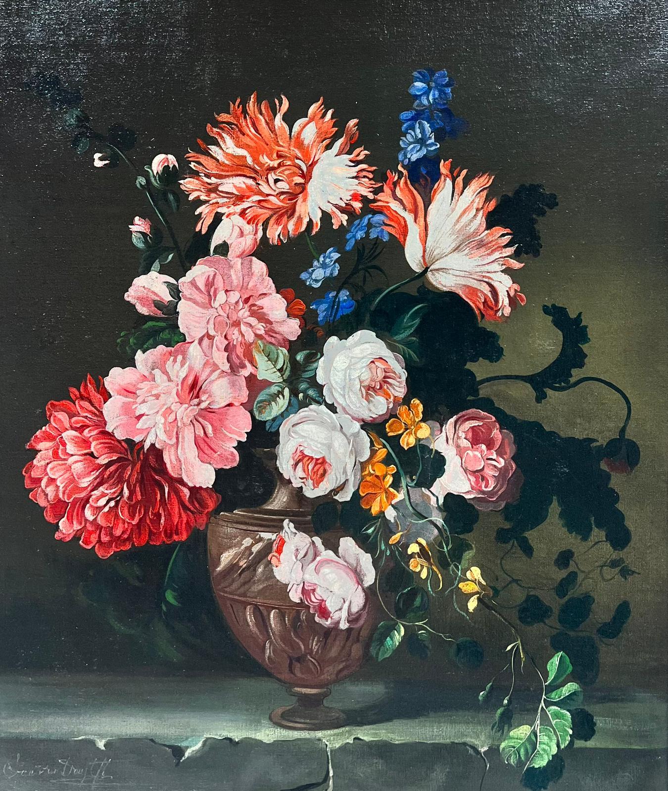 Natura morta classica Vaso di fiori su tavolo firmata originale Pittura ad olio olandese - Painting di Dutch artist