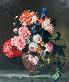 Classical Still Life Vase Of Flowers On Table signed original Dutch Oil Painting