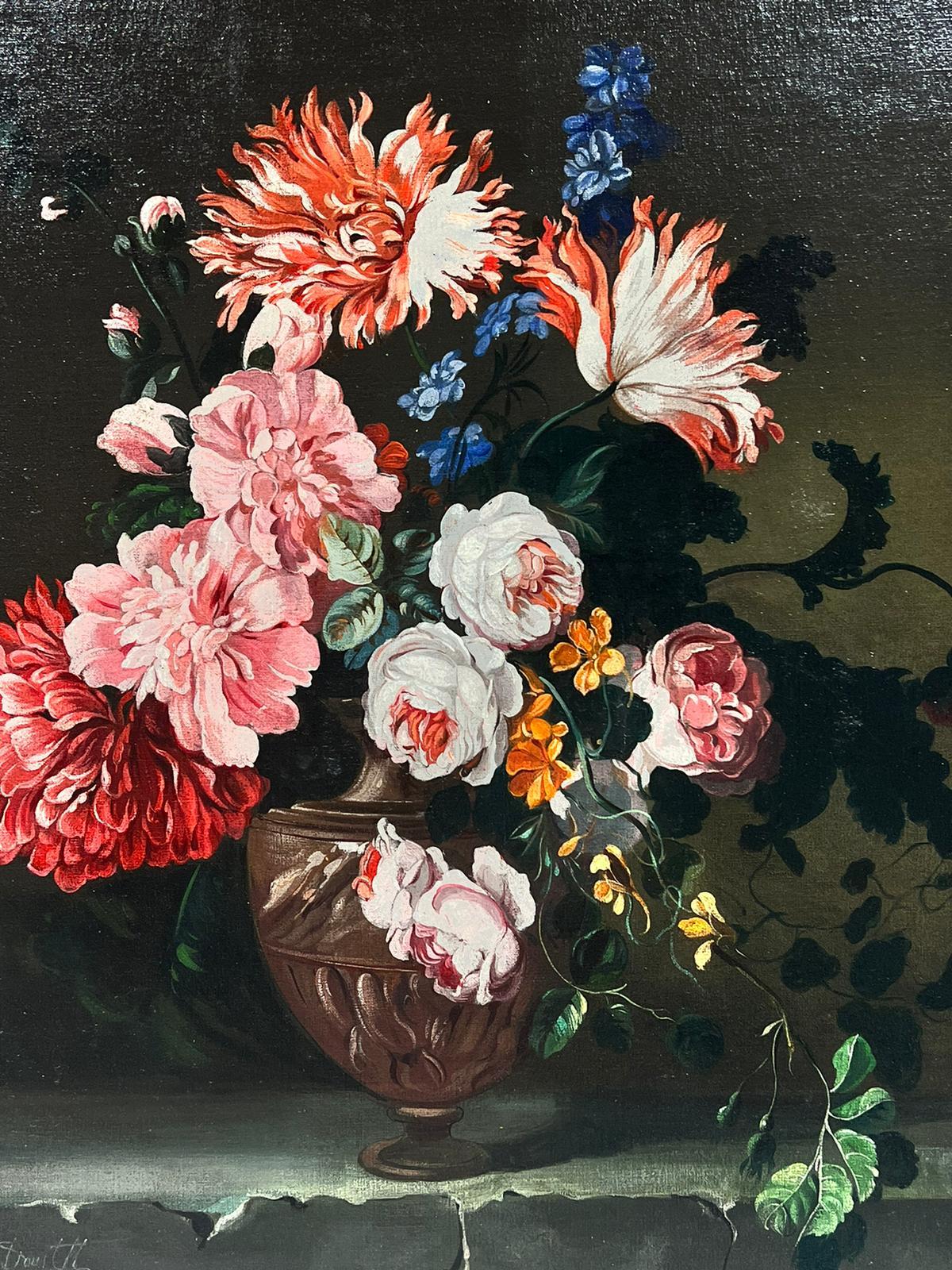 Natura morta classica Vaso di fiori su tavolo firmata originale Pittura ad olio olandese 1