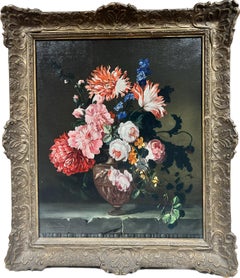 Used Classical Still Life Vase Of Flowers On Table signed original Dutch Oil Painting