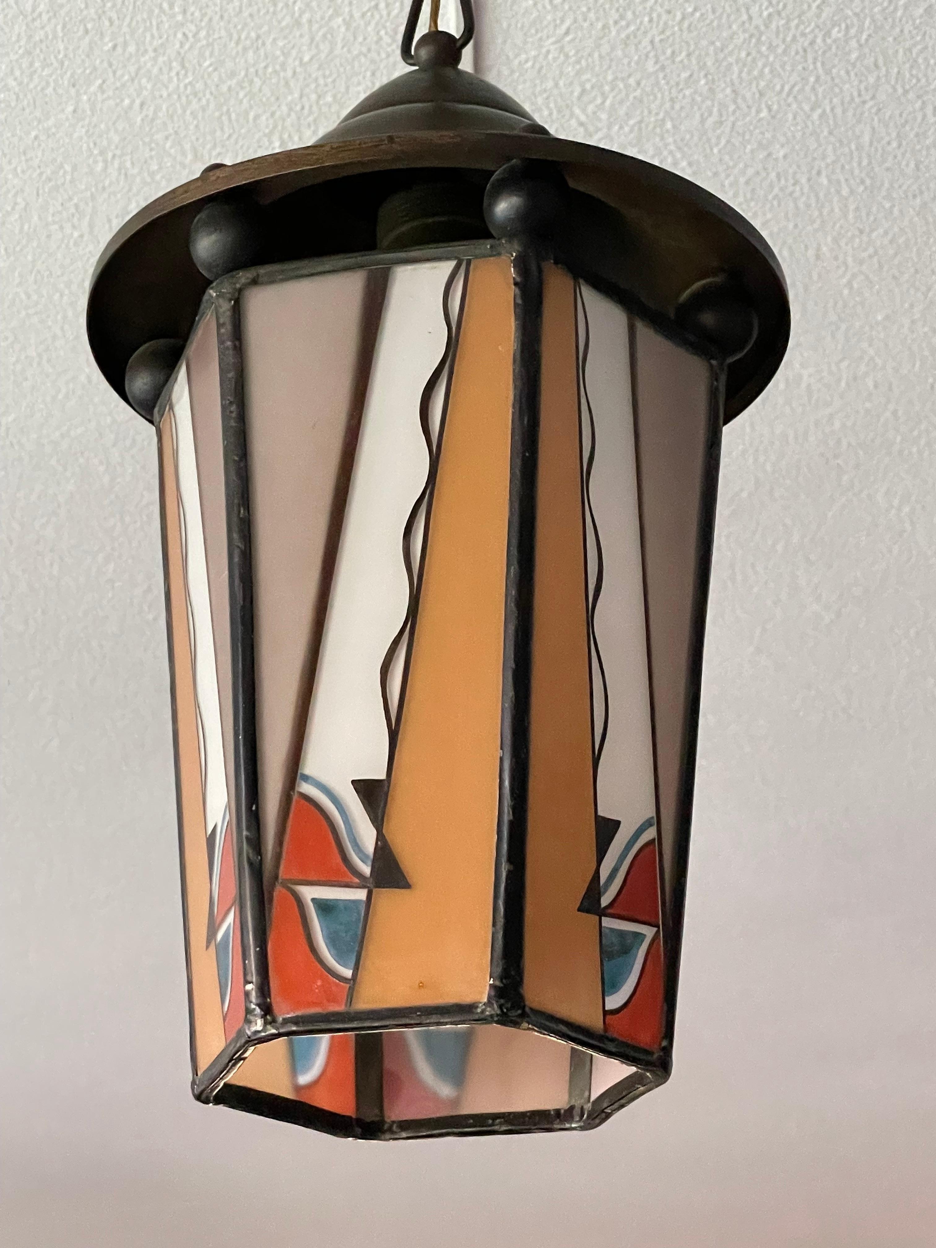 Dutch Arts & Crafts Brass & Fire Painted Opaline Glass Pendant Light / Lantern For Sale 4