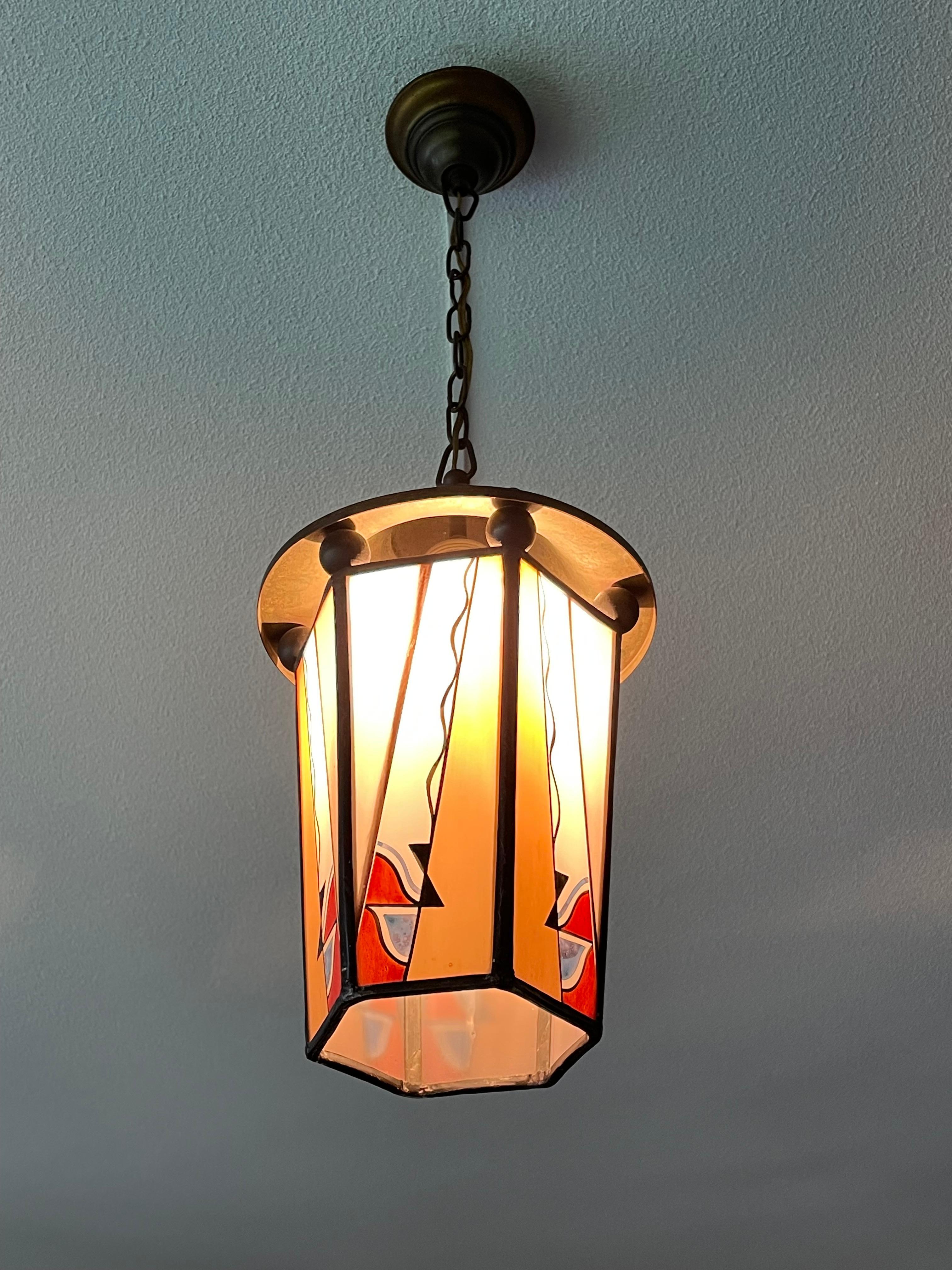 Dutch Arts & Crafts Brass & Fire Painted Opaline Glass Pendant Light / Lantern For Sale 5