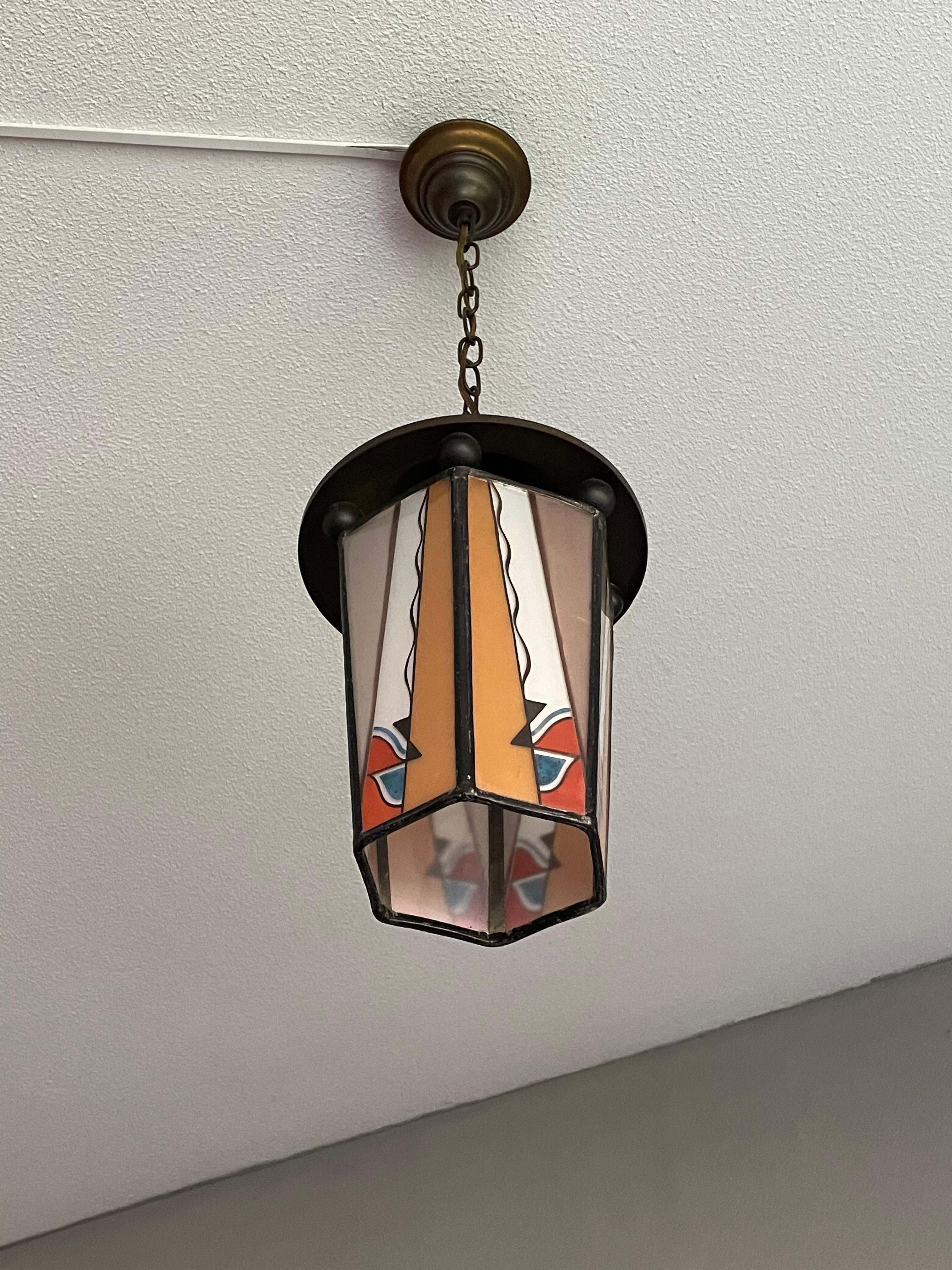 Dutch Arts & Crafts Brass & Fire Painted Opaline Glass Pendant Light / Lantern For Sale 6