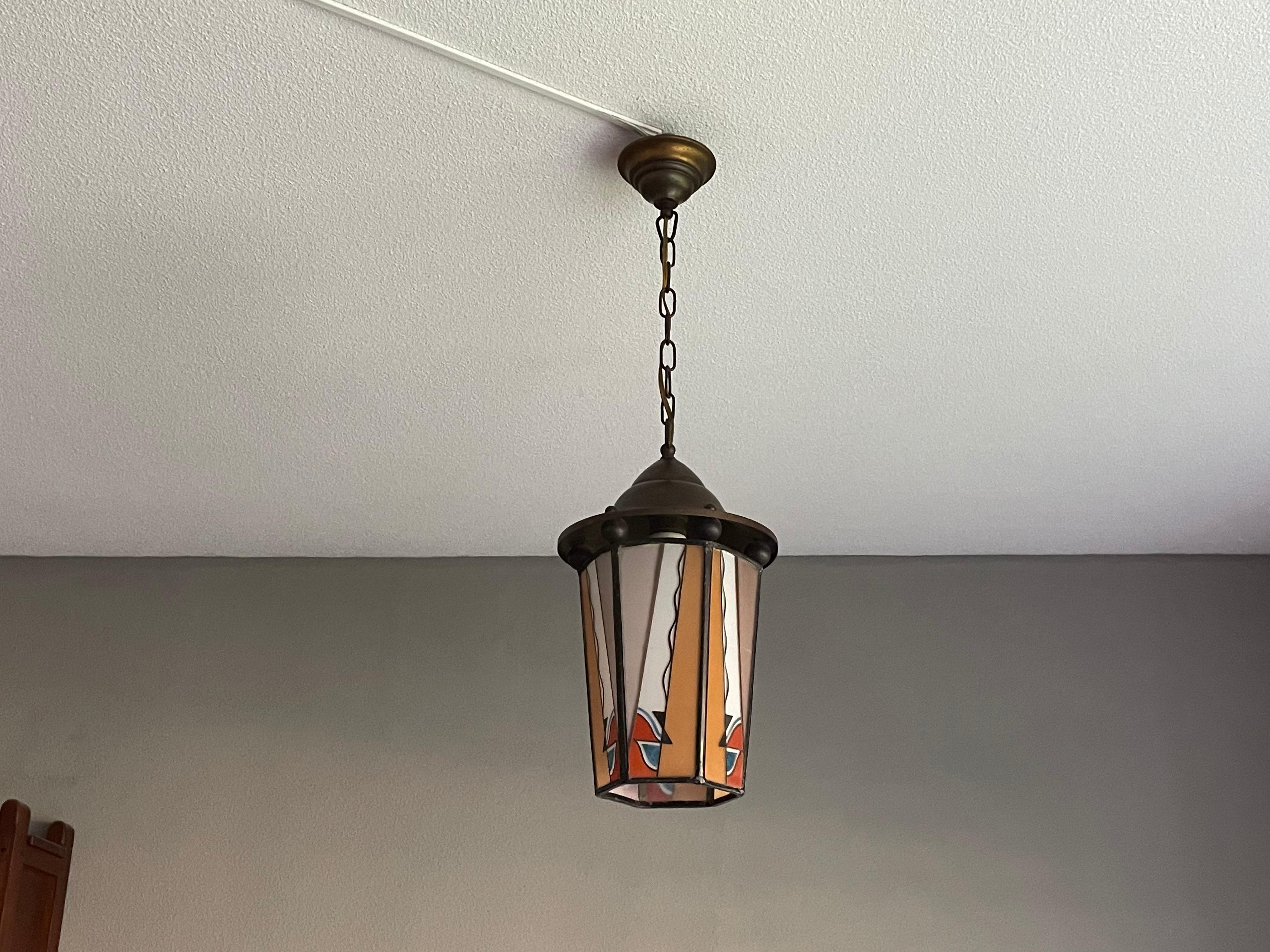 Dutch Arts & Crafts Brass & Fire Painted Opaline Glass Pendant Light / Lantern For Sale 8