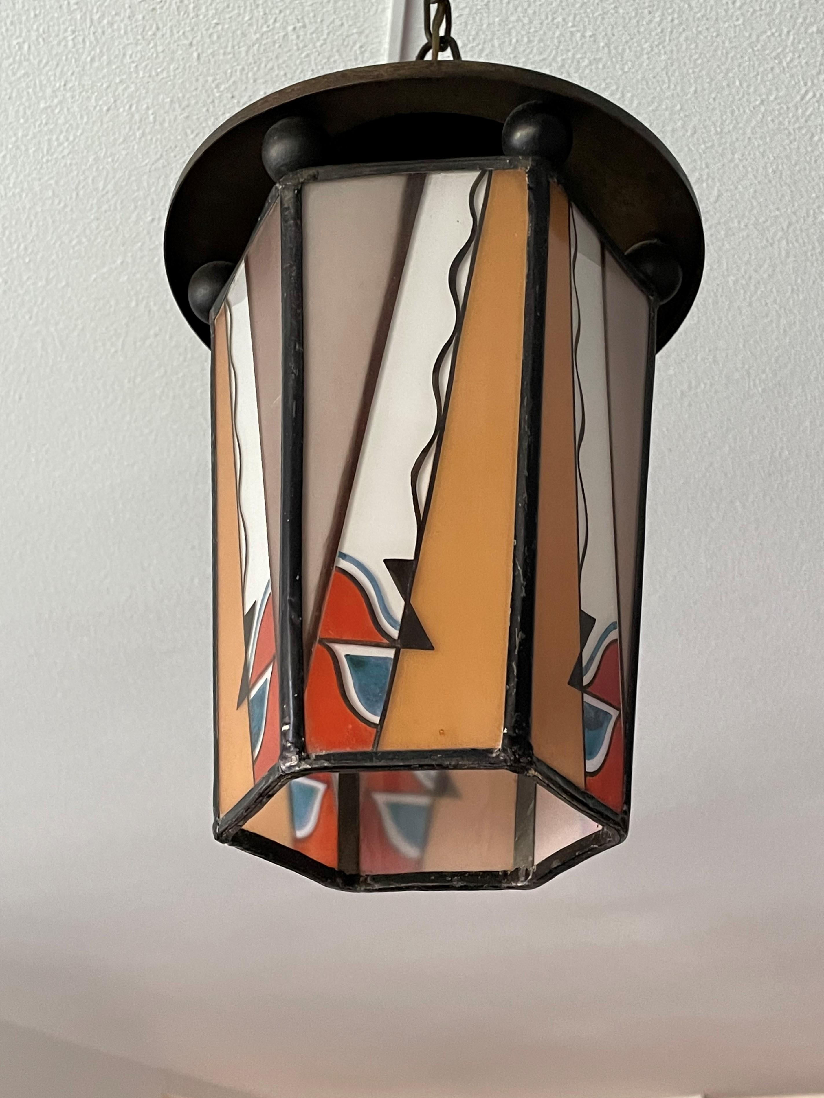 Dutch Arts & Crafts Brass & Fire Painted Opaline Glass Pendant Light / Lantern For Sale 9