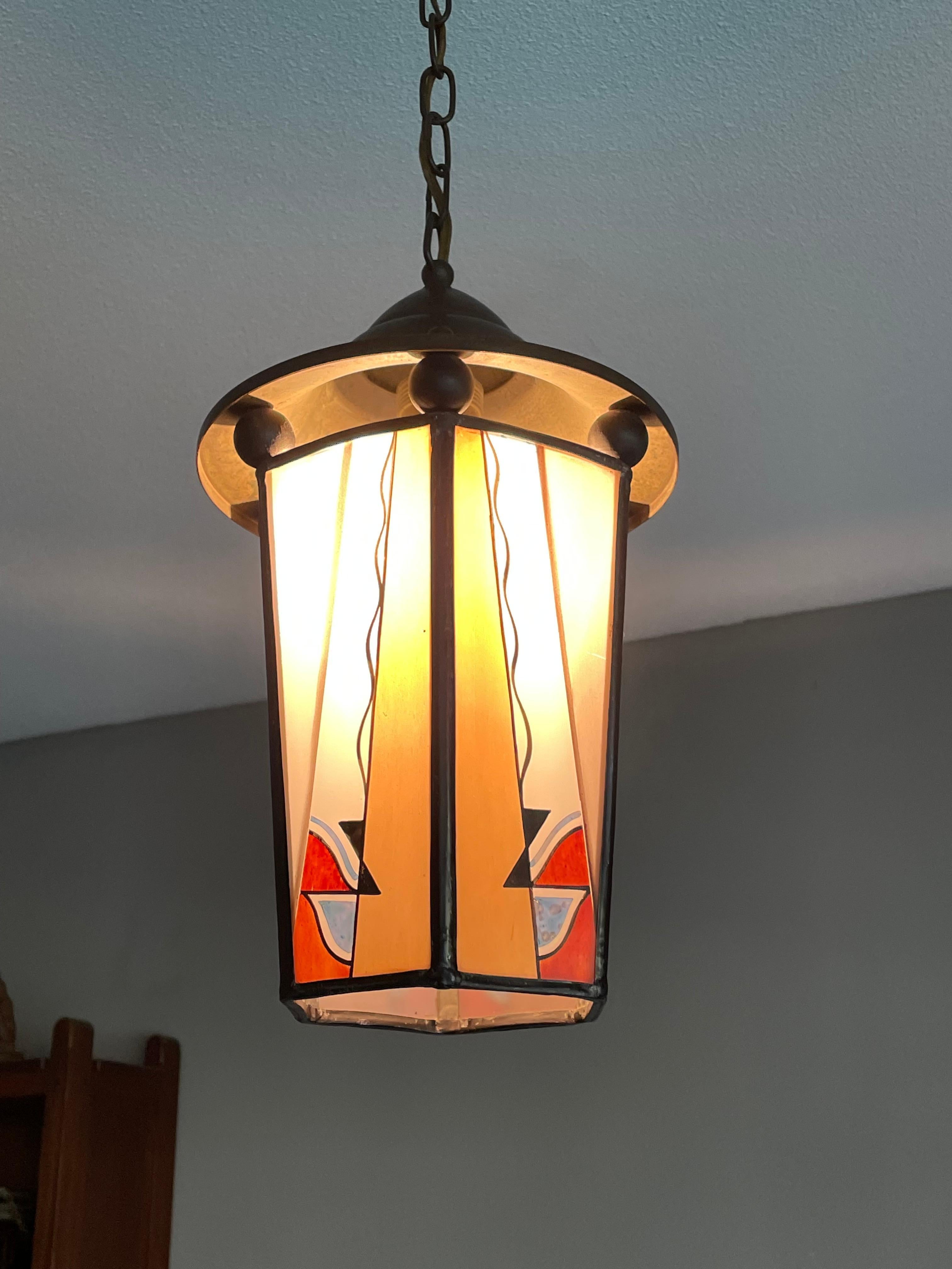 Dutch Arts & Crafts Brass & Fire Painted Opaline Glass Pendant Light / Lantern For Sale 10