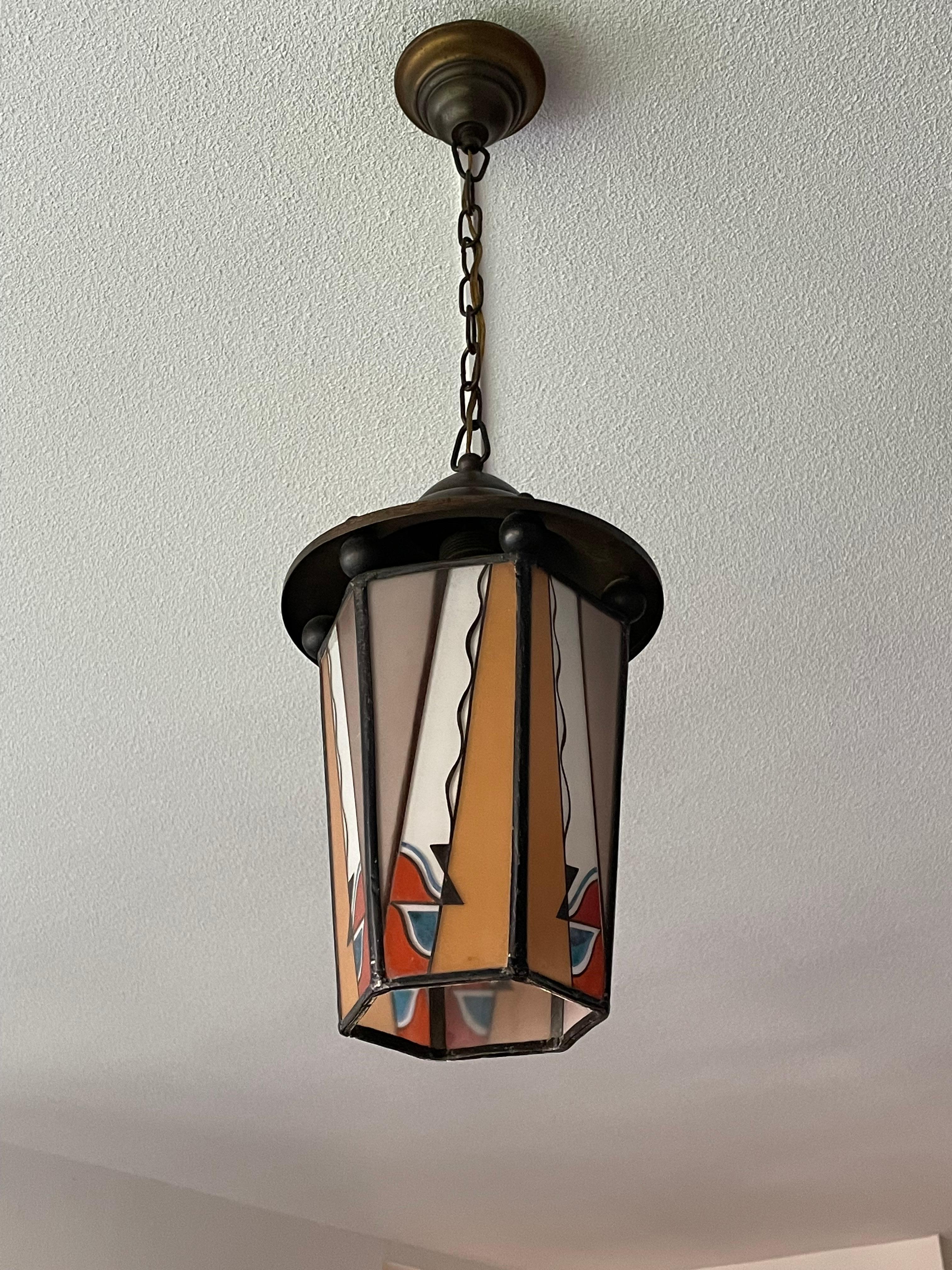 Dutch Arts & Crafts Brass & Fire Painted Opaline Glass Pendant Light / Lantern For Sale 11