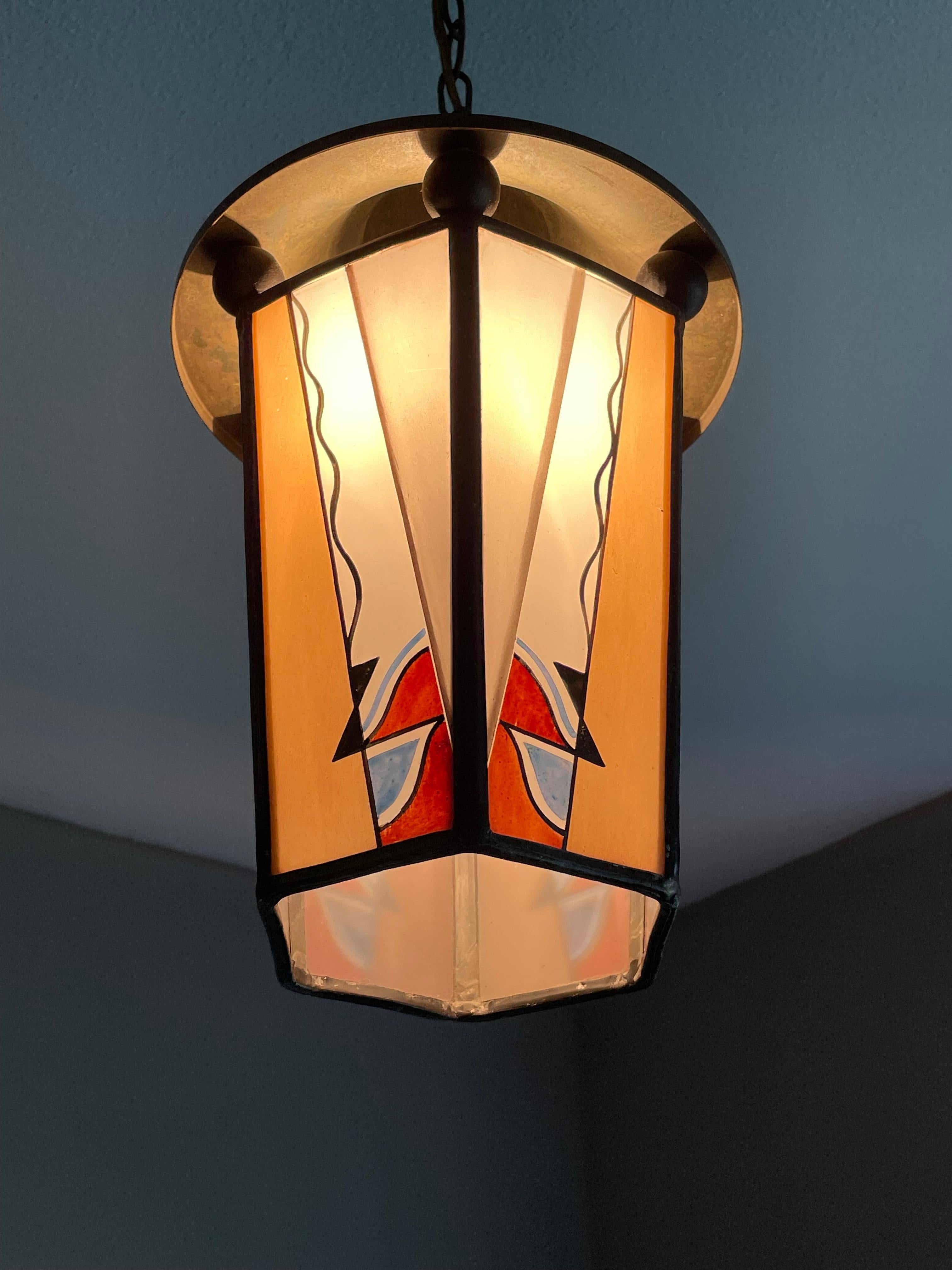 Dutch Arts & Crafts Brass & Fire Painted Opaline Glass Pendant Light / Lantern For Sale 12