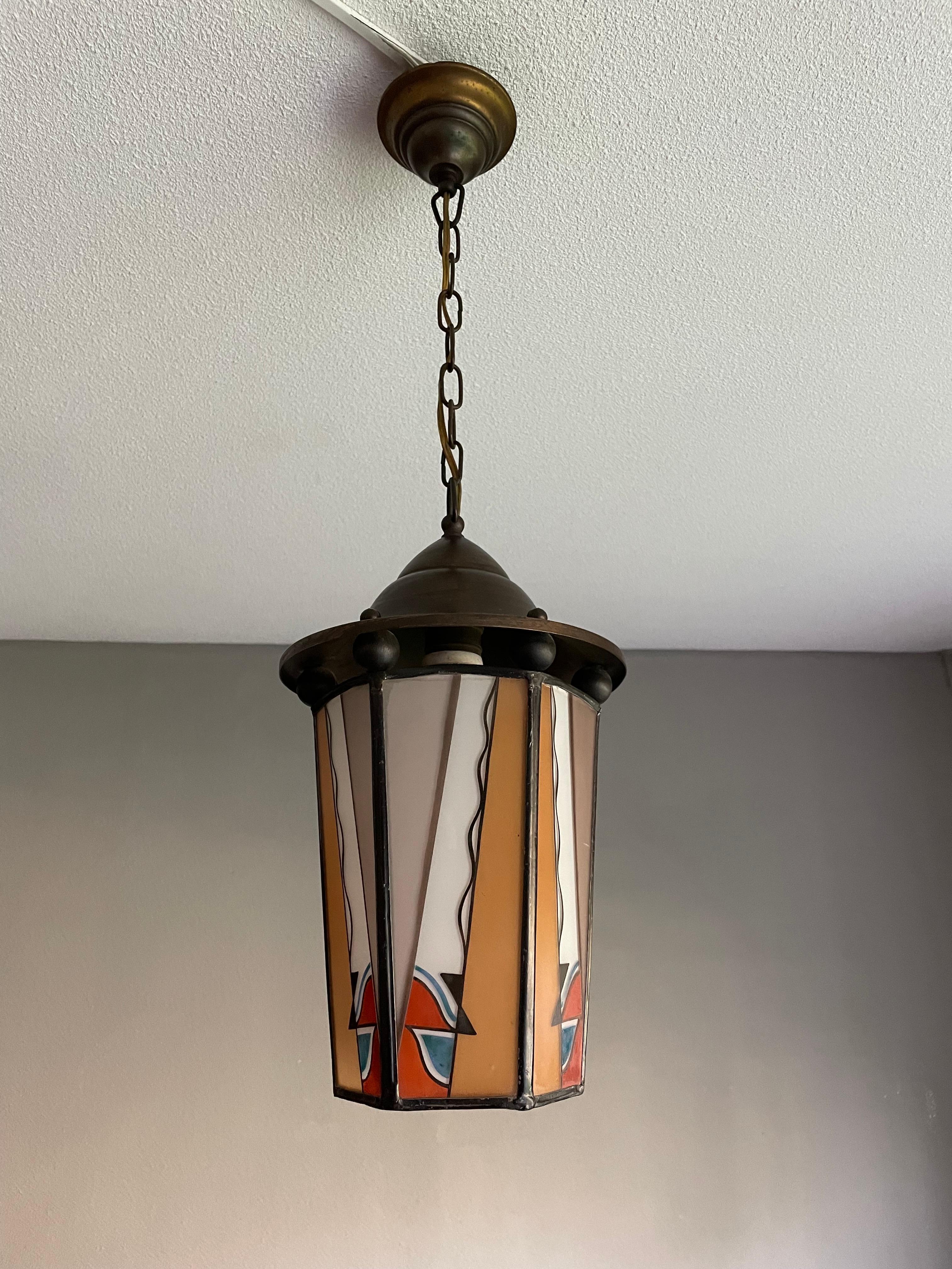 Dutch Arts & Crafts Brass & Fire Painted Opaline Glass Pendant Light / Lantern For Sale 13