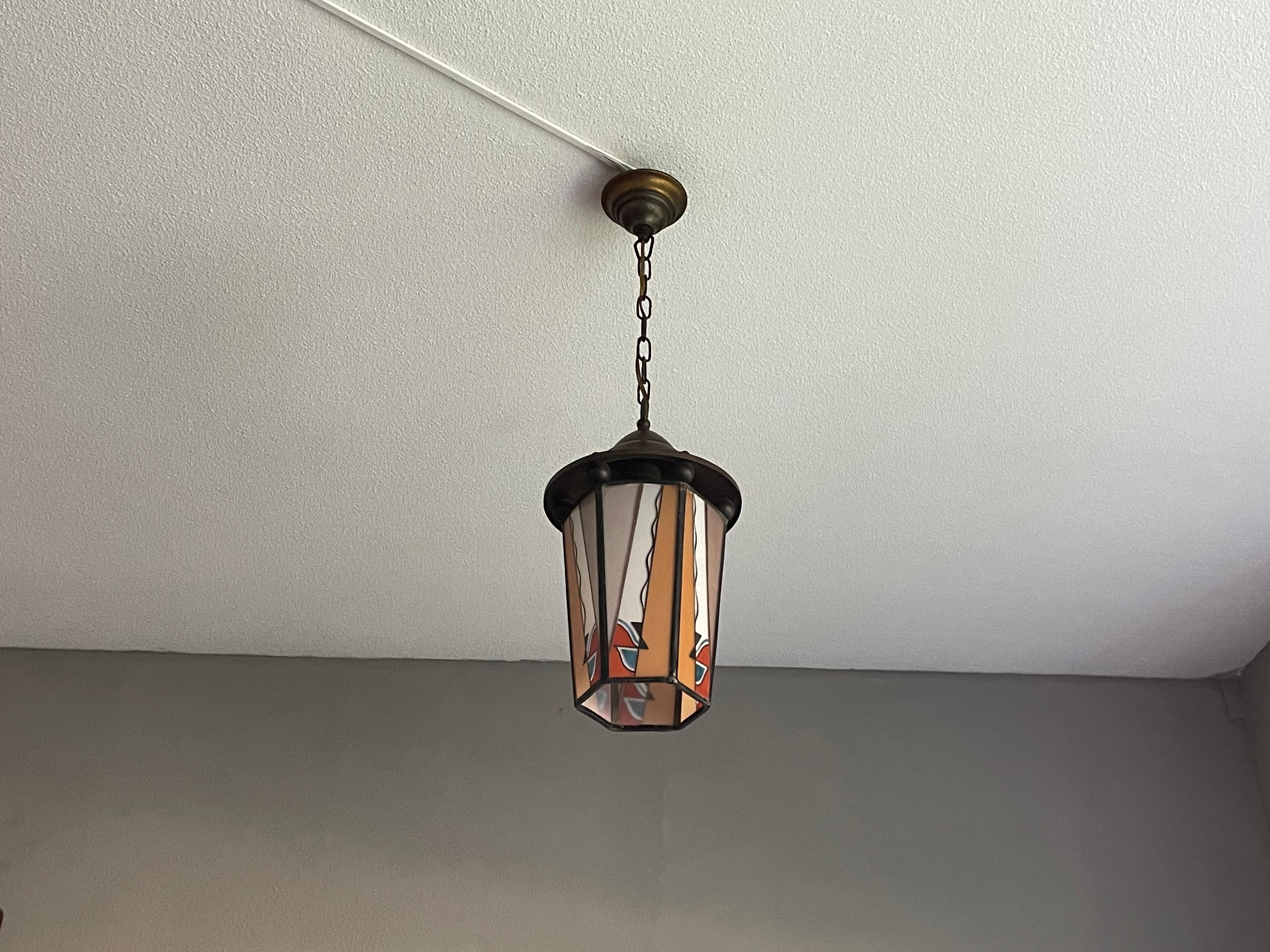 Dutch Arts & Crafts Brass & Fire Painted Opaline Glass Pendant Light / Lantern In Excellent Condition For Sale In Lisse, NL