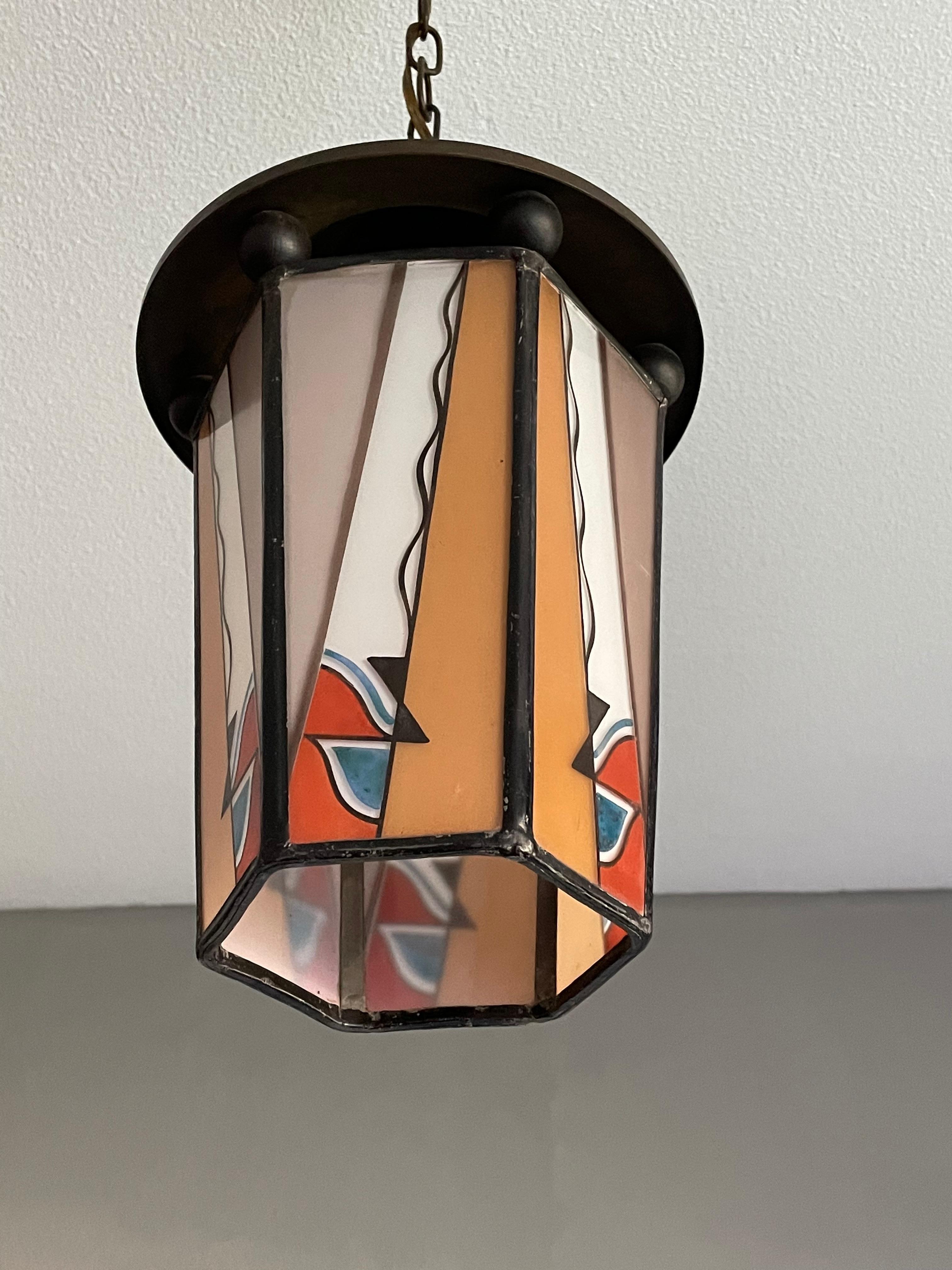 20th Century Dutch Arts & Crafts Brass & Fire Painted Opaline Glass Pendant Light / Lantern For Sale