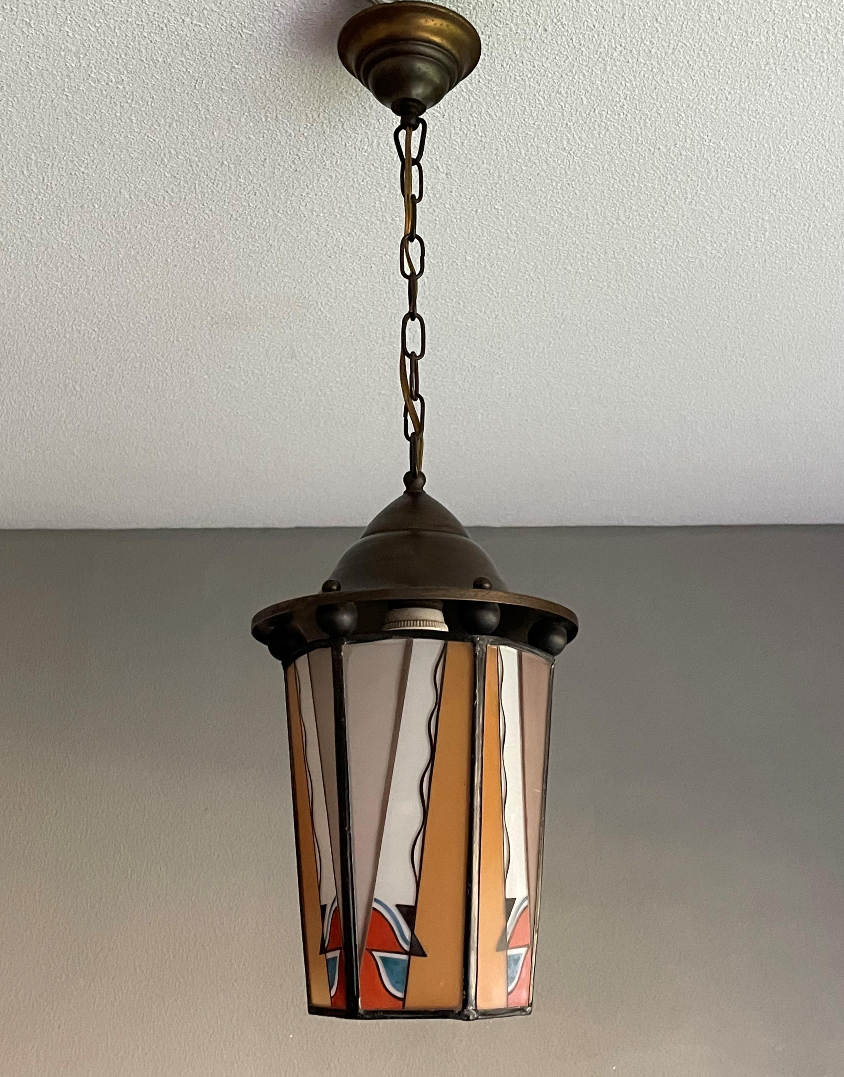 Dutch Arts & Crafts Brass & Fire Painted Opaline Glass Pendant Light / Lantern For Sale 2
