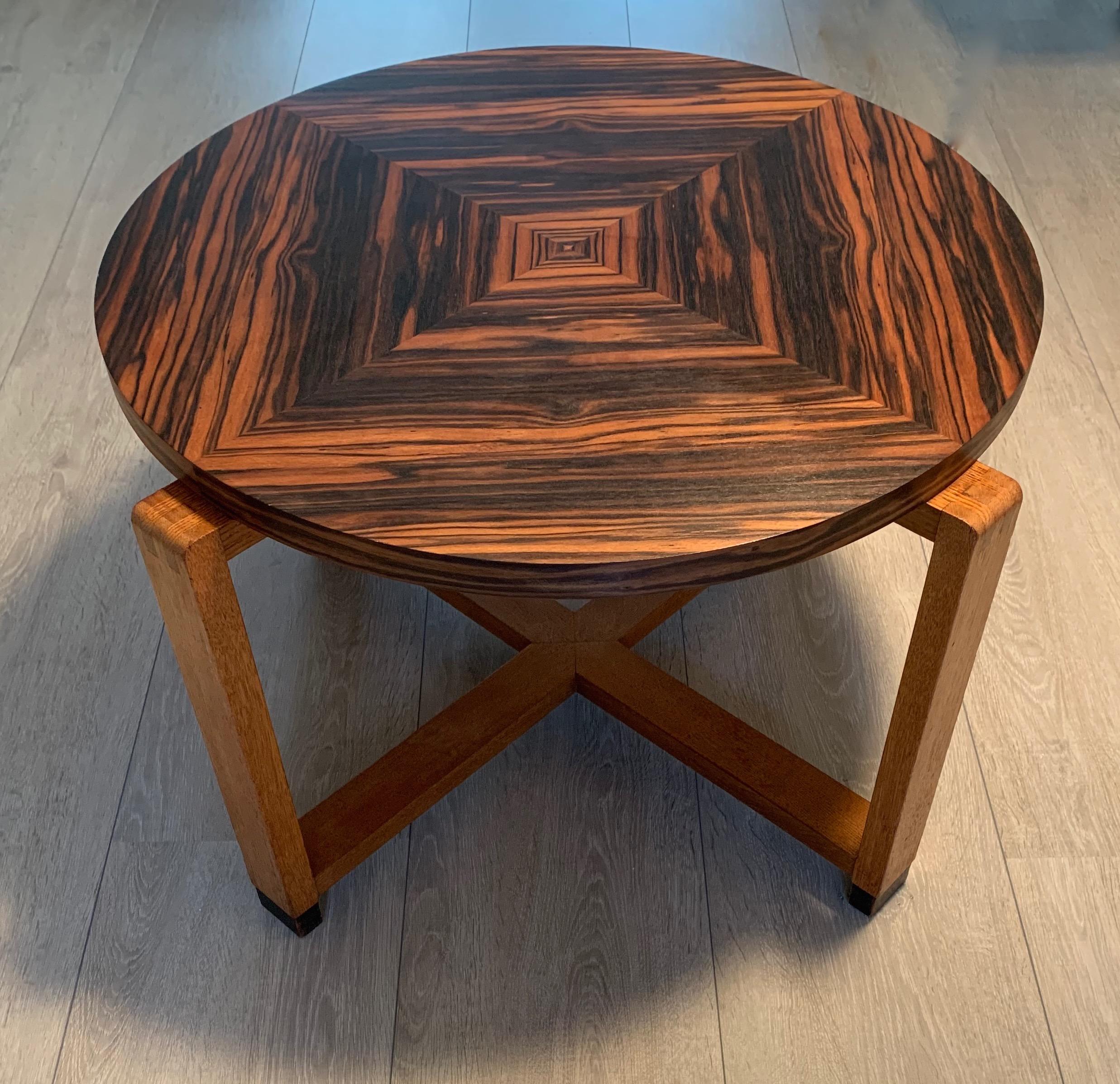 European Unique Oak Coffee Table w. Stunning Coromandel Geometric Design Top For Sale
