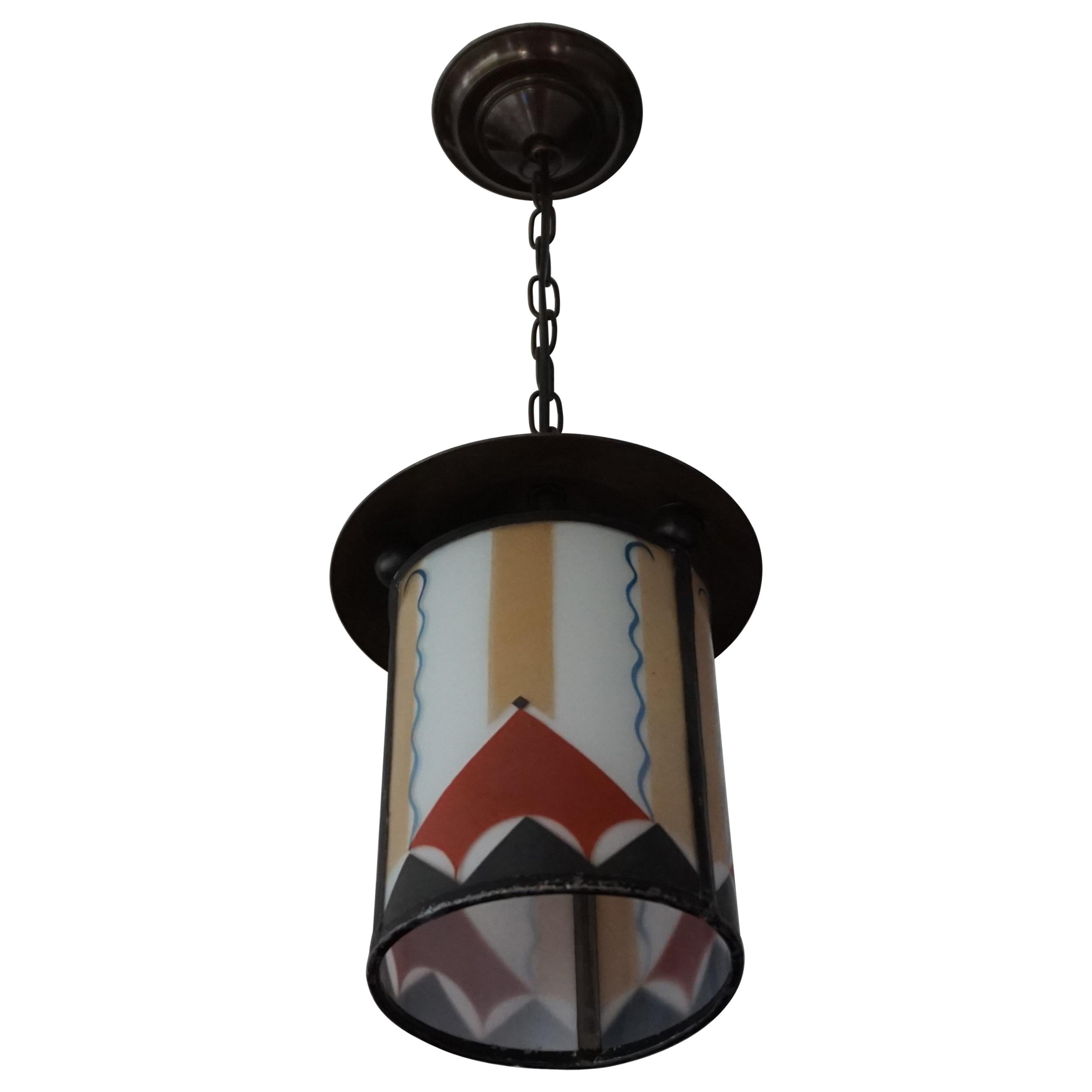 Dutch Arts & Crafts Stained Glass and Brass Entrance or Hallway Pendant Light