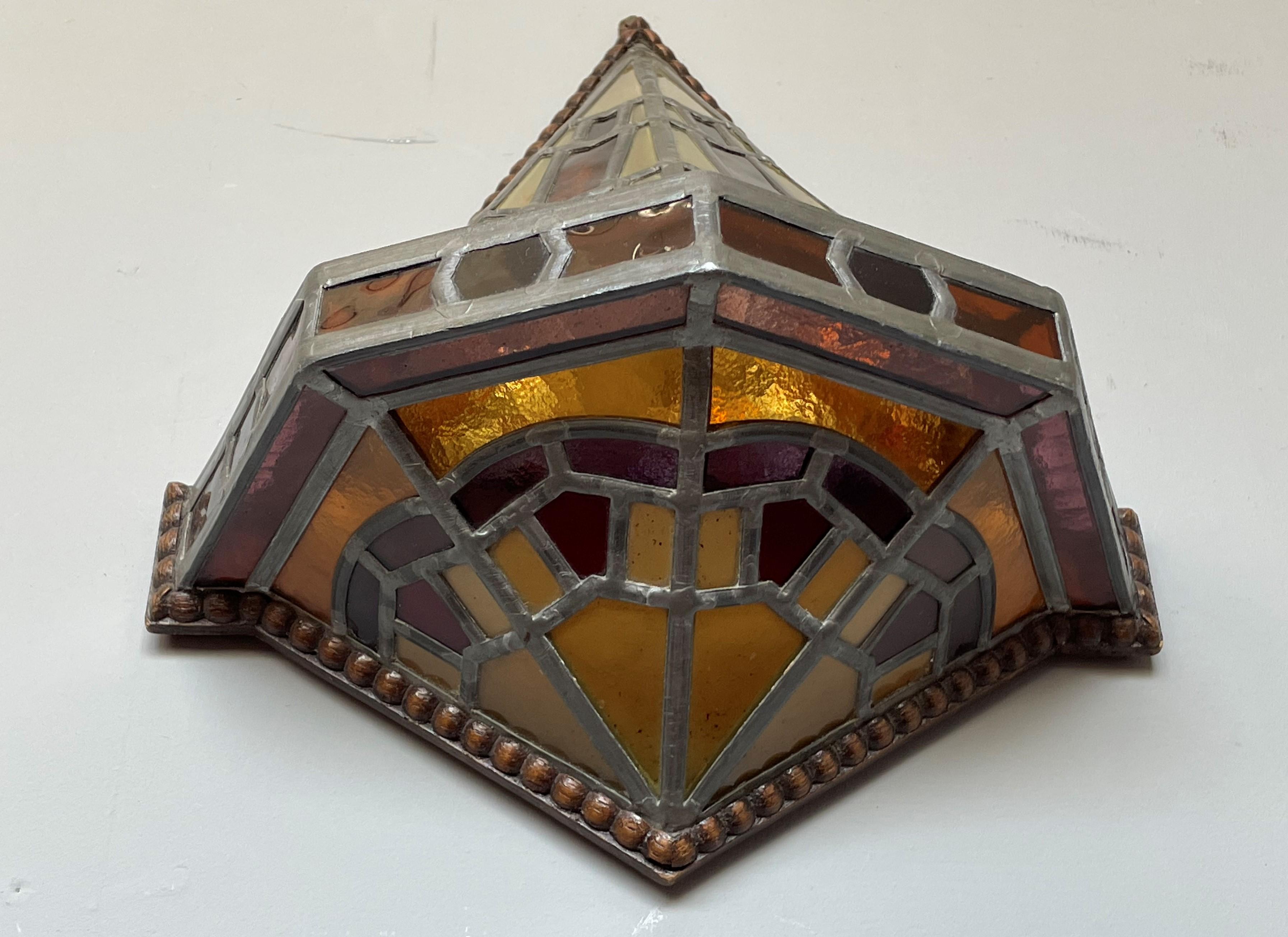 Dutch Arts and Crafts Stained Glass & Oak Hallway Wall Sconce Amsterdam School 2