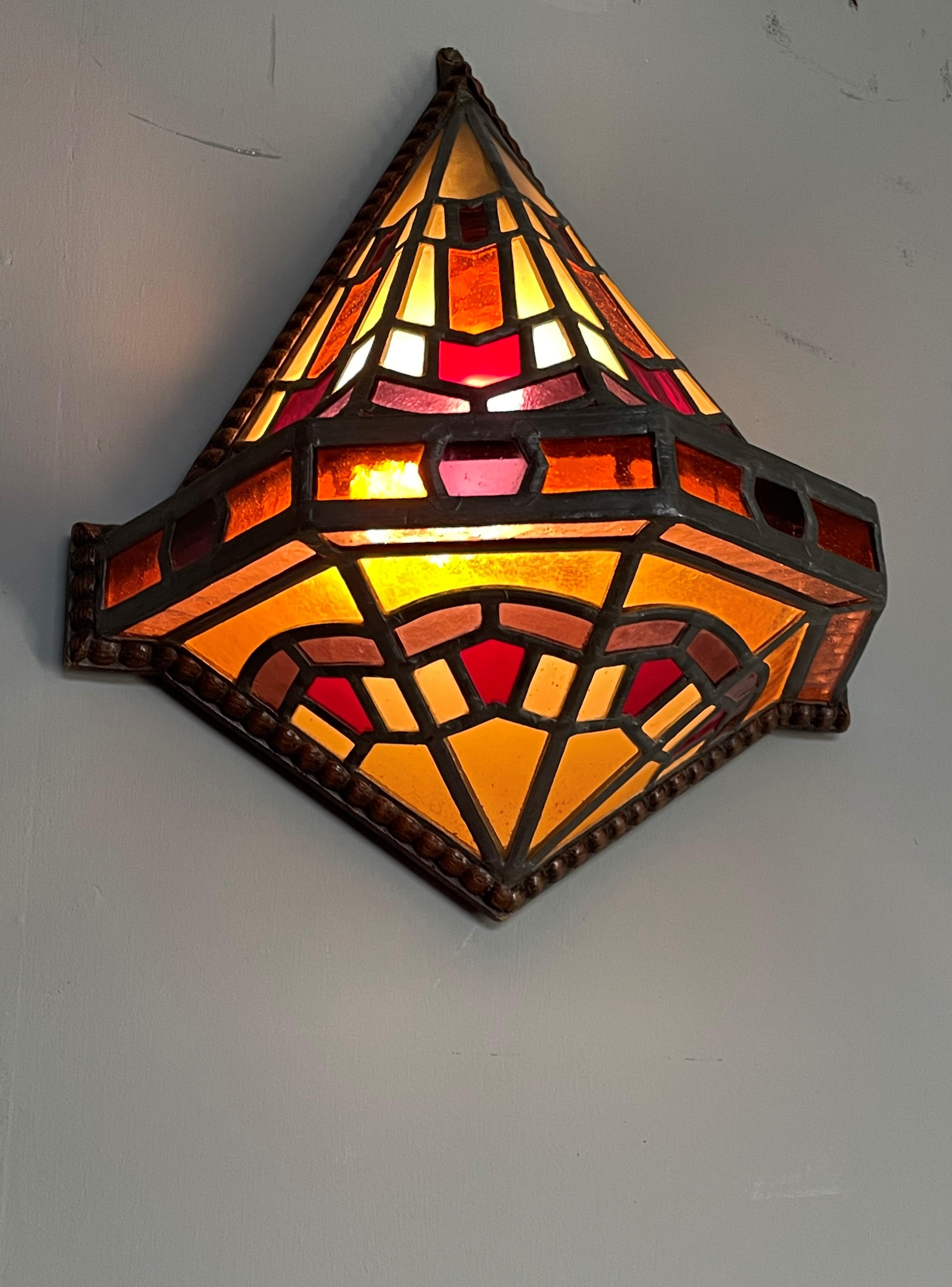 Dutch Arts and Crafts Stained Glass & Oak Hallway Wall Sconce Amsterdam School 3
