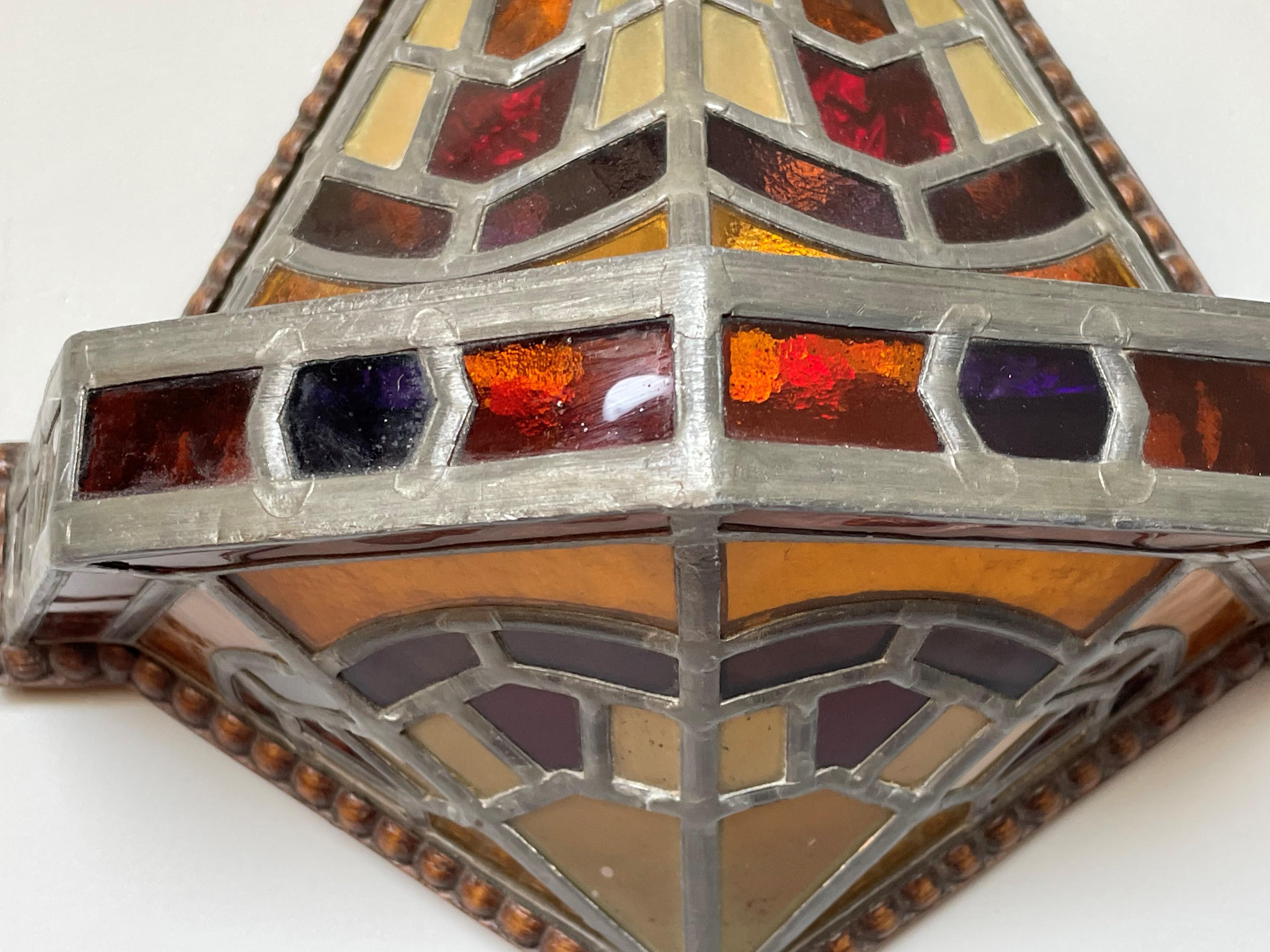 Dutch Arts and Crafts Stained Glass & Oak Hallway Wall Sconce Amsterdam School 4
