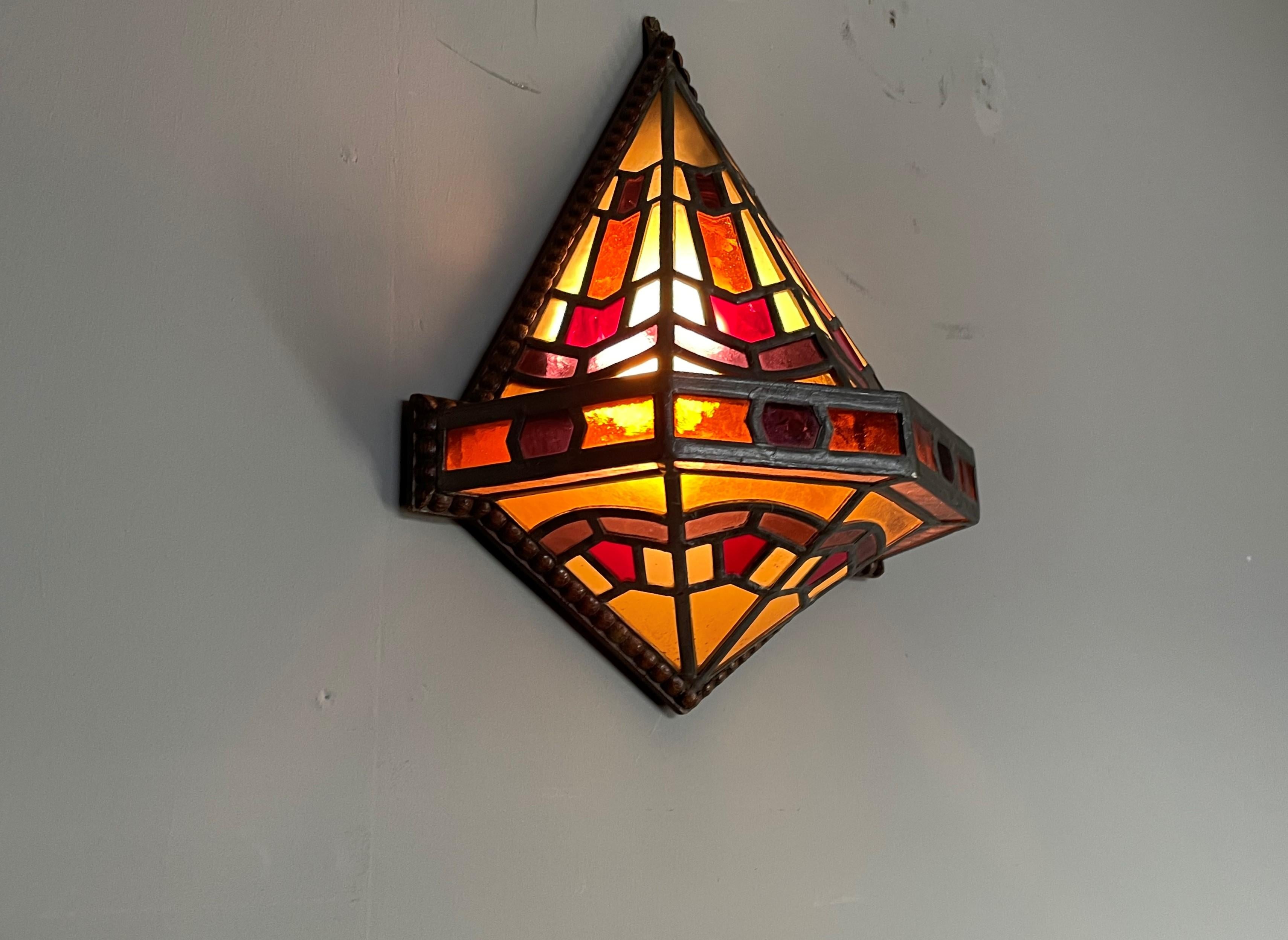 Dutch Arts and Crafts Stained Glass & Oak Hallway Wall Sconce Amsterdam School 5