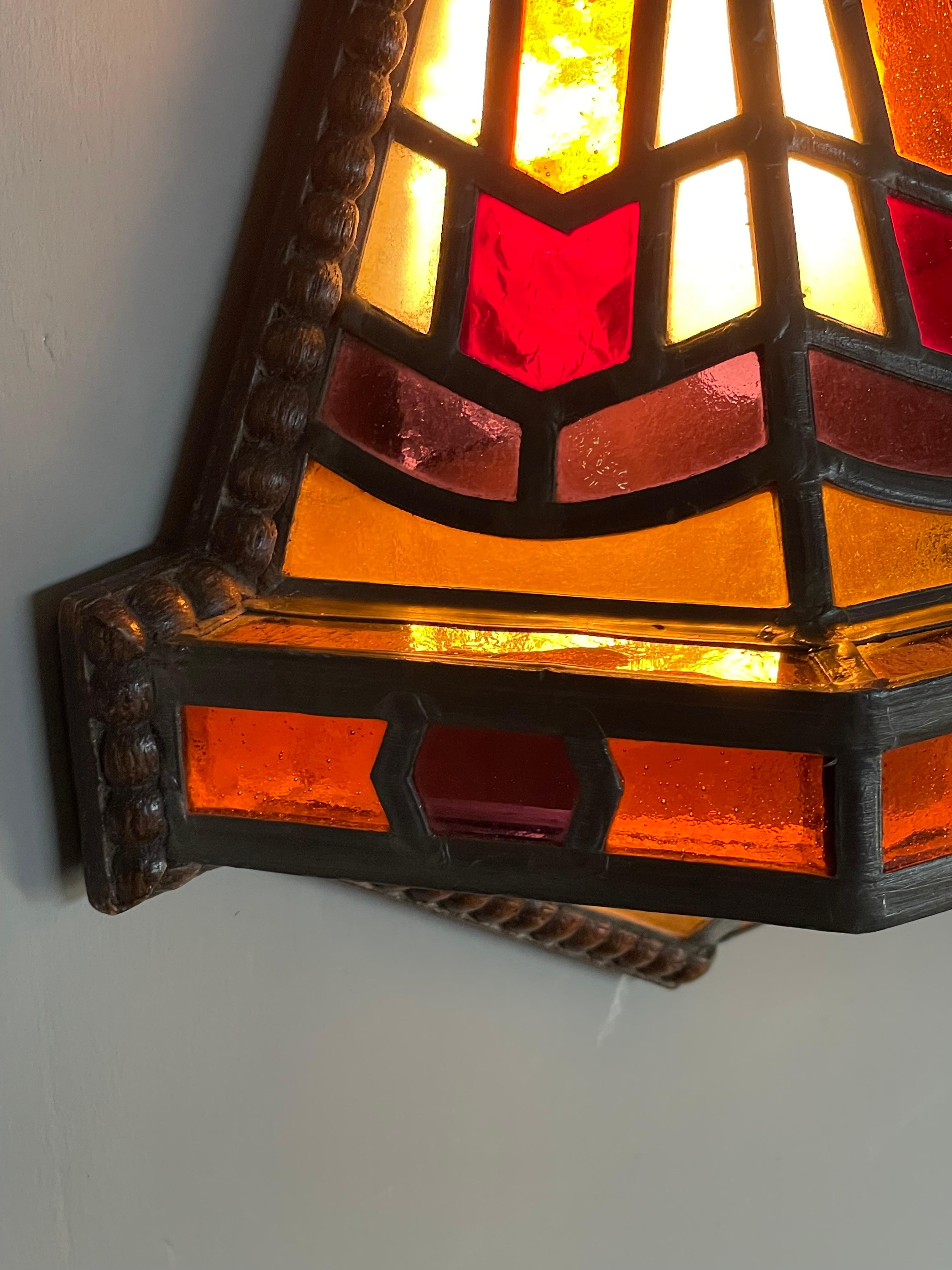 Dutch Arts and Crafts Stained Glass & Oak Hallway Wall Sconce Amsterdam School 9