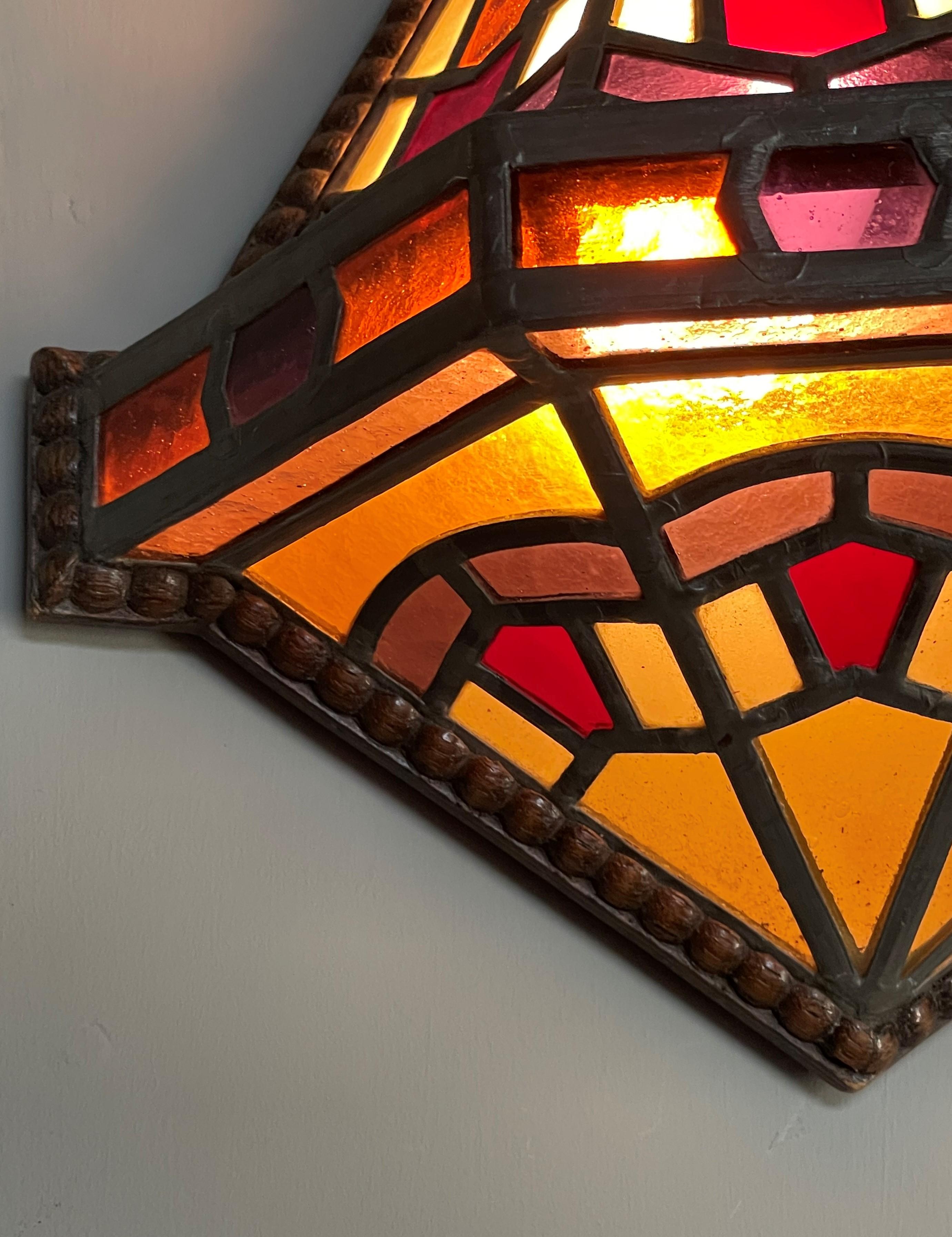 Dutch Arts and Crafts Stained Glass & Oak Hallway Wall Sconce Amsterdam School 10