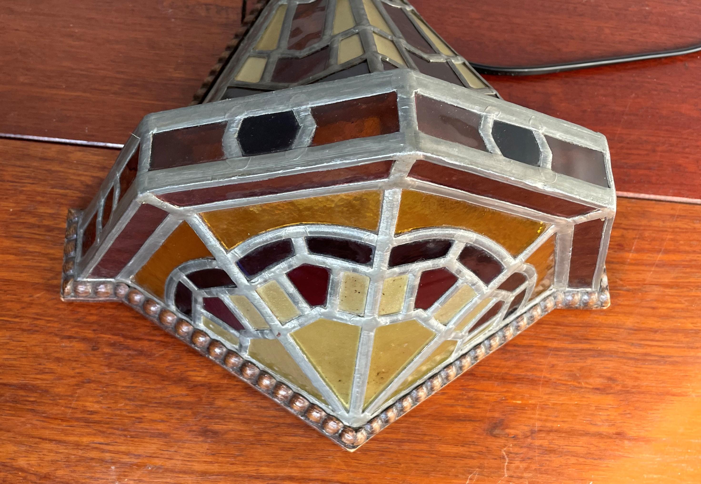 Dutch Arts and Crafts Stained Glass & Oak Hallway Wall Sconce Amsterdam School 11