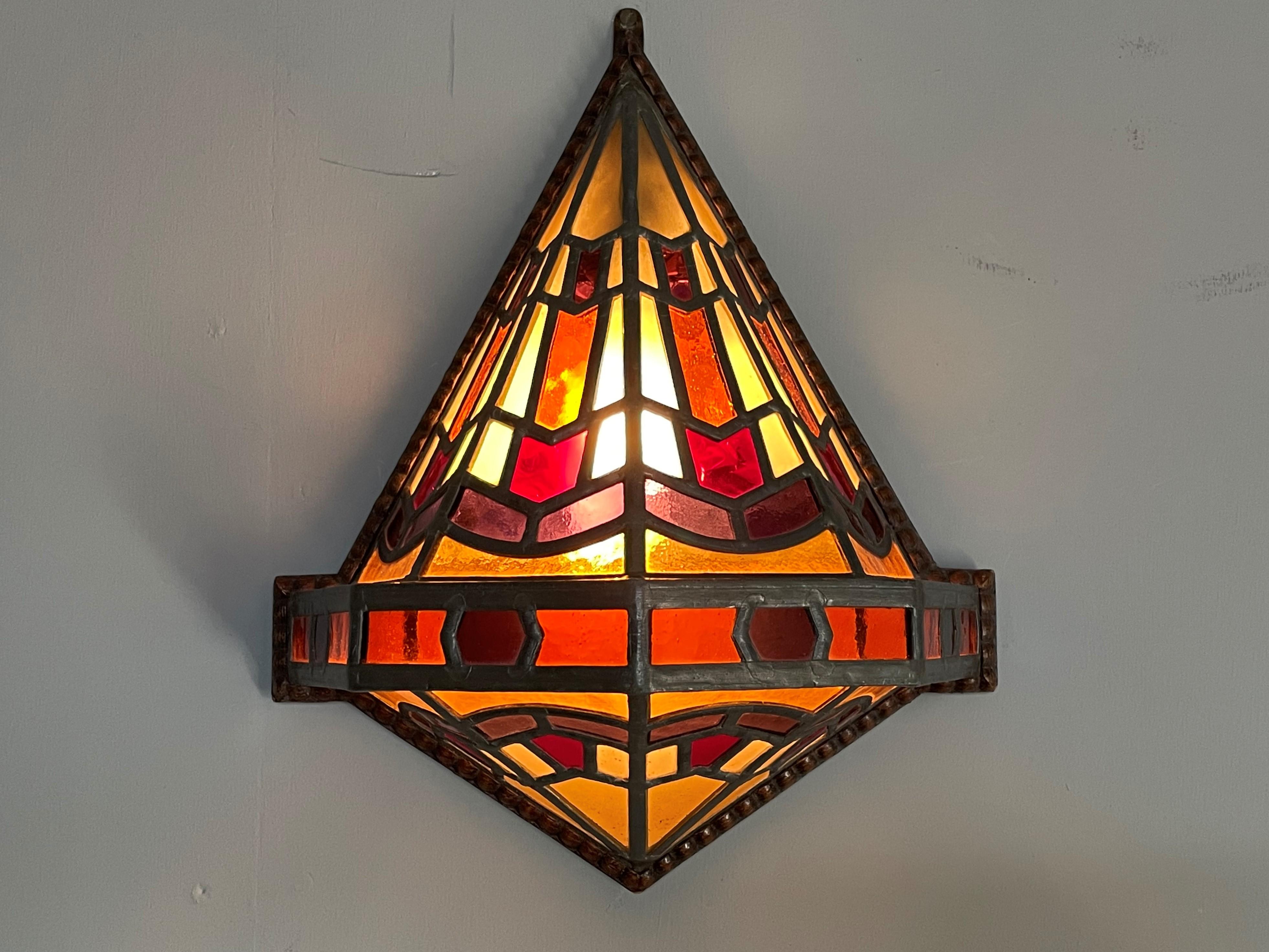 Hand-Carved Dutch Arts and Crafts Stained Glass & Oak Hallway Wall Sconce Amsterdam School