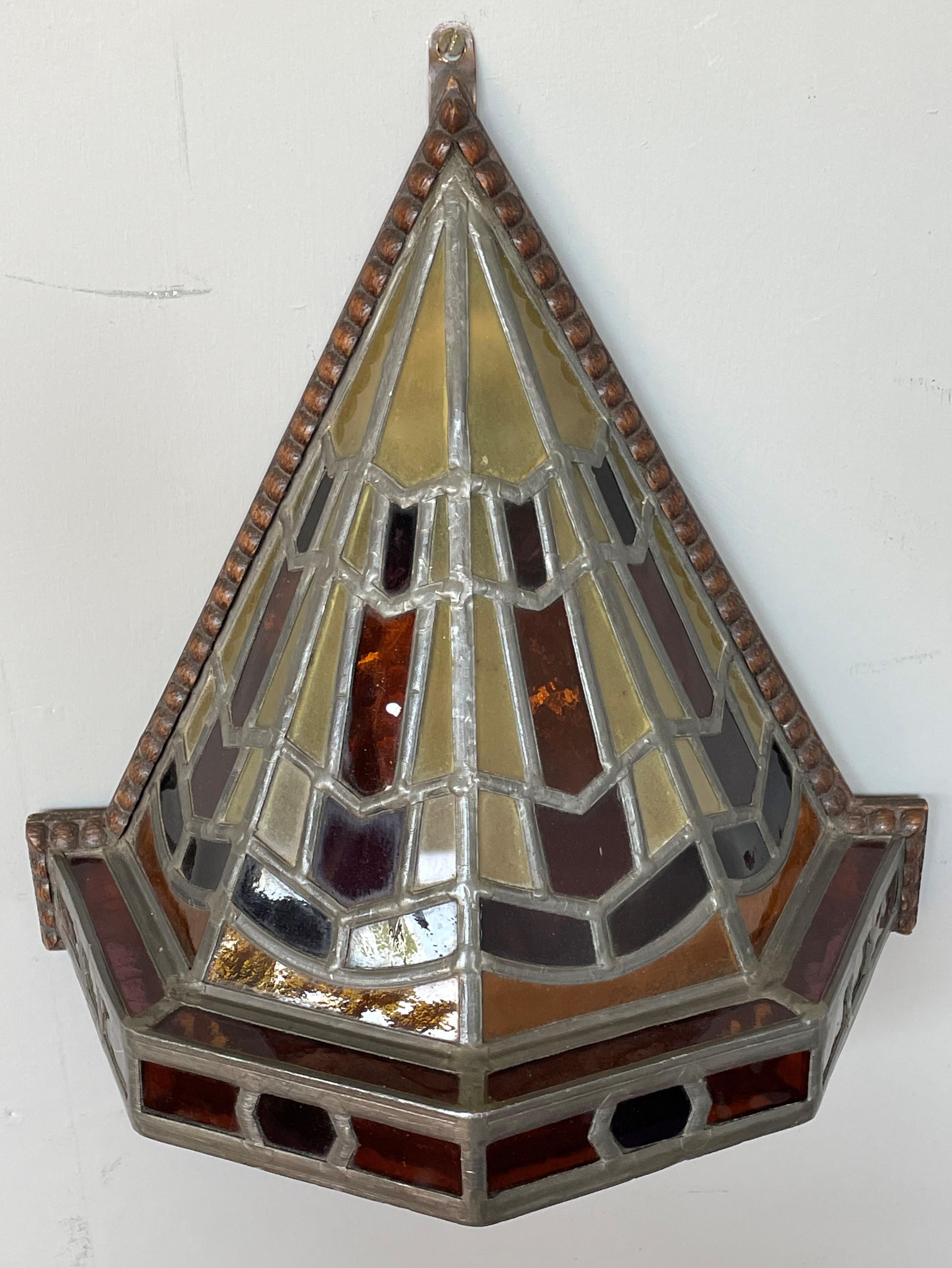 20th Century Dutch Arts and Crafts Stained Glass & Oak Hallway Wall Sconce Amsterdam School
