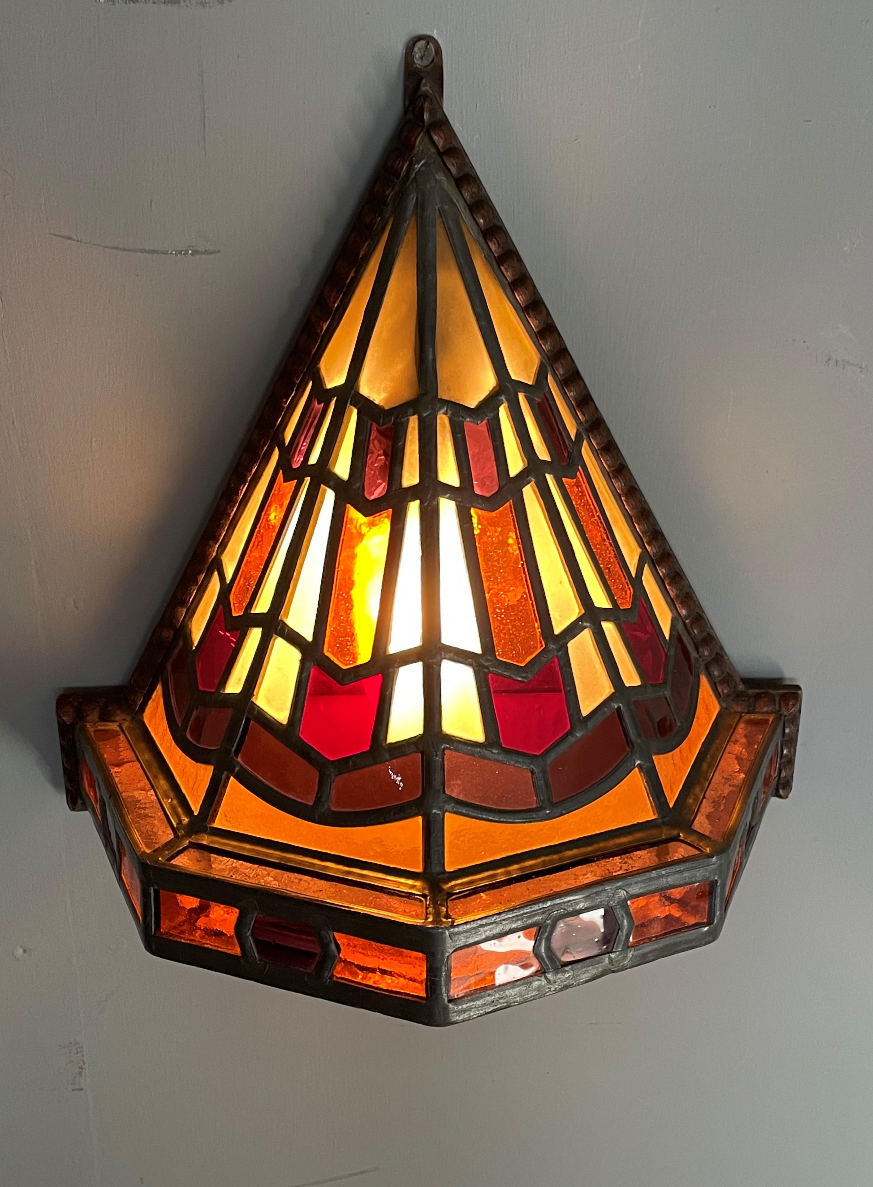 Brass Dutch Arts and Crafts Stained Glass & Oak Hallway Wall Sconce Amsterdam School