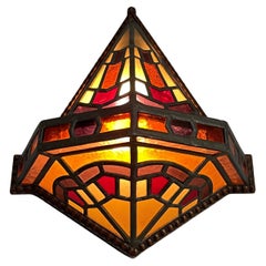 Dutch Arts and Crafts Stained Glass & Oak Hallway Wall Sconce Amsterdam School