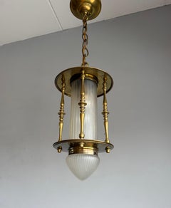 Dutch Arts & Crafts Brass & Cylindrical Glass Entry Hall Pendant Lantern ca 1910
