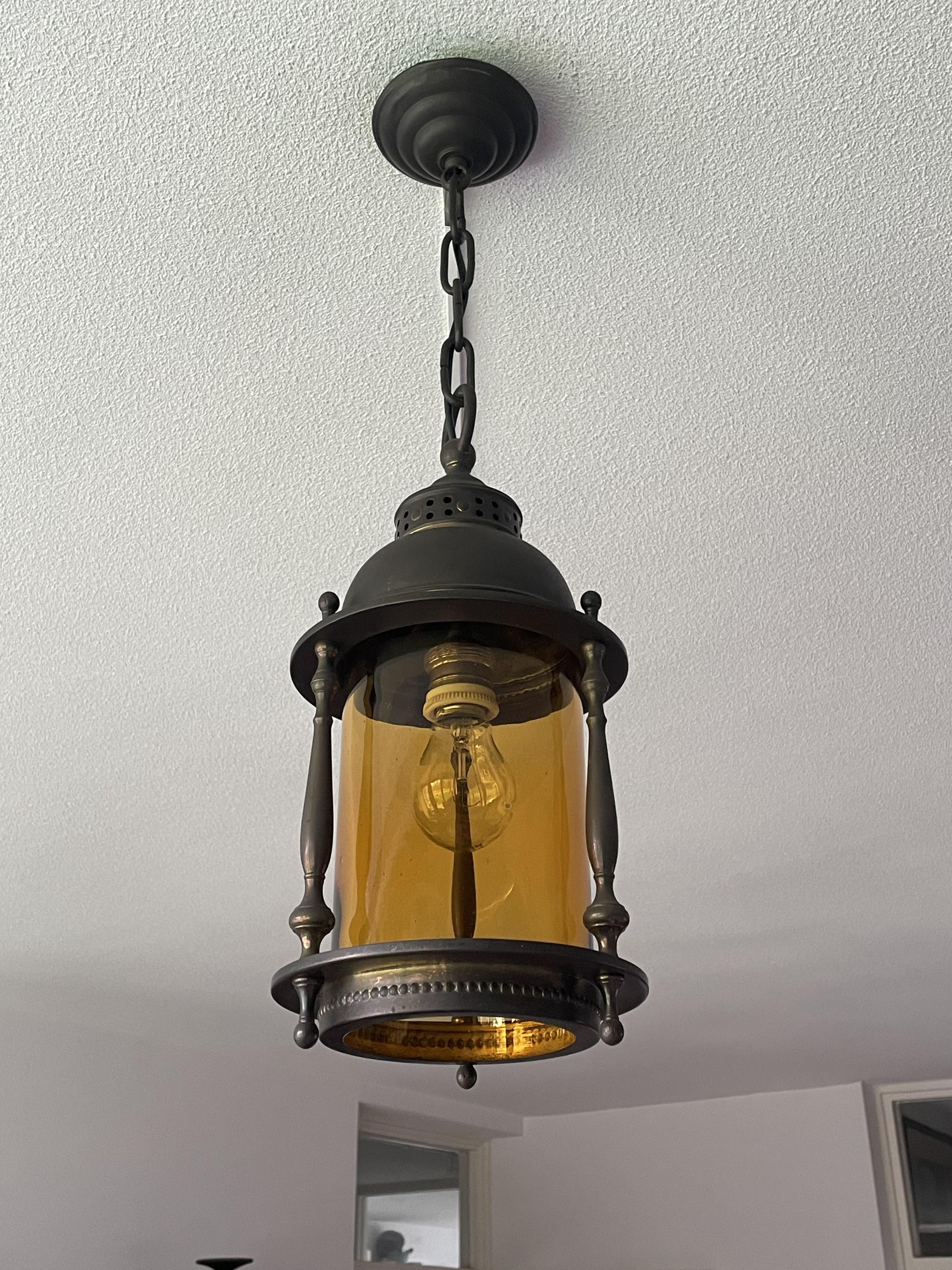 Dutch Arts & Crafts Brass & Cylindrical Glass Entry Hall Pendant / Light Fixture 5