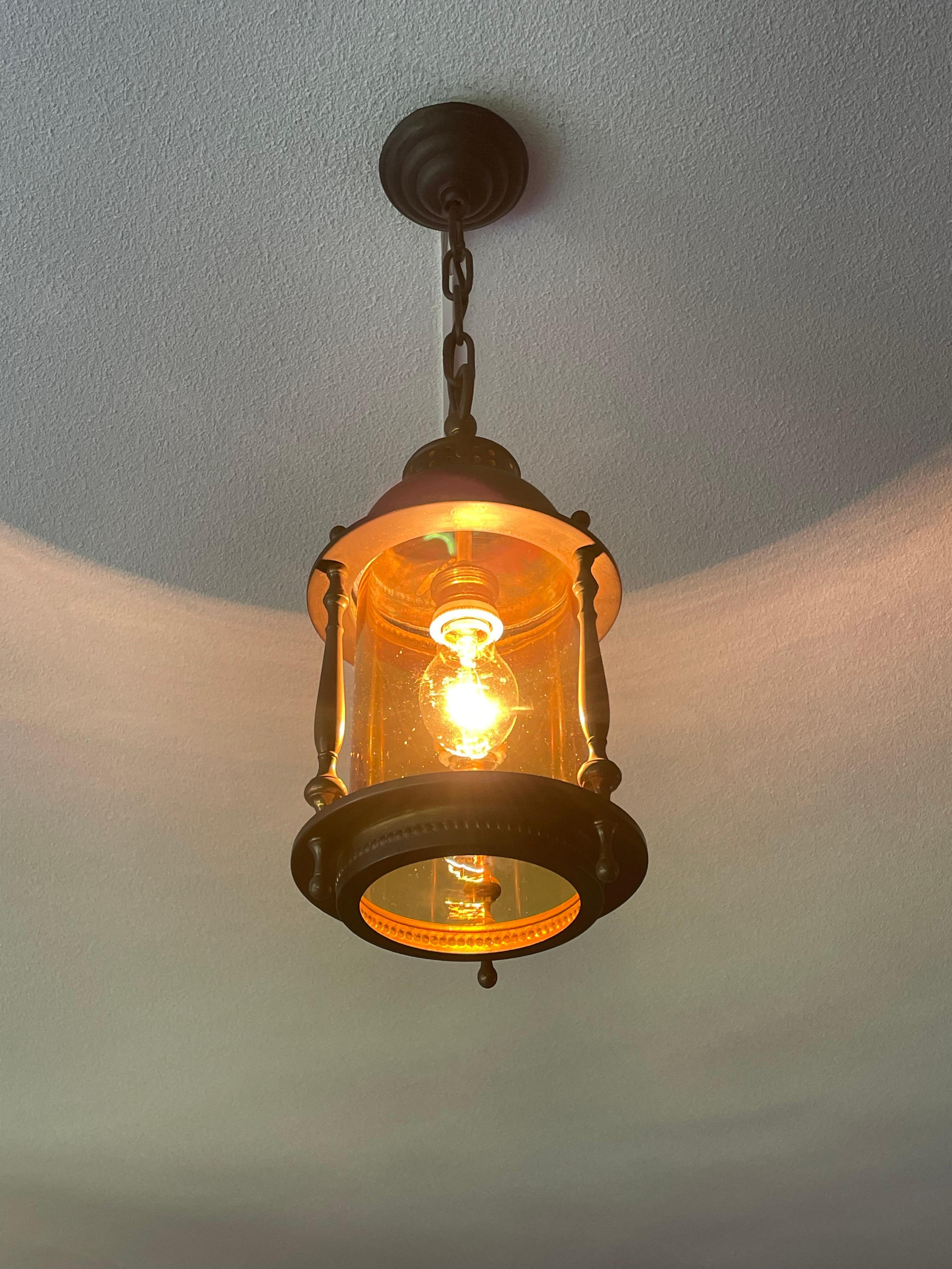 Dutch Arts & Crafts Brass & Cylindrical Glass Entry Hall Pendant / Light Fixture 6