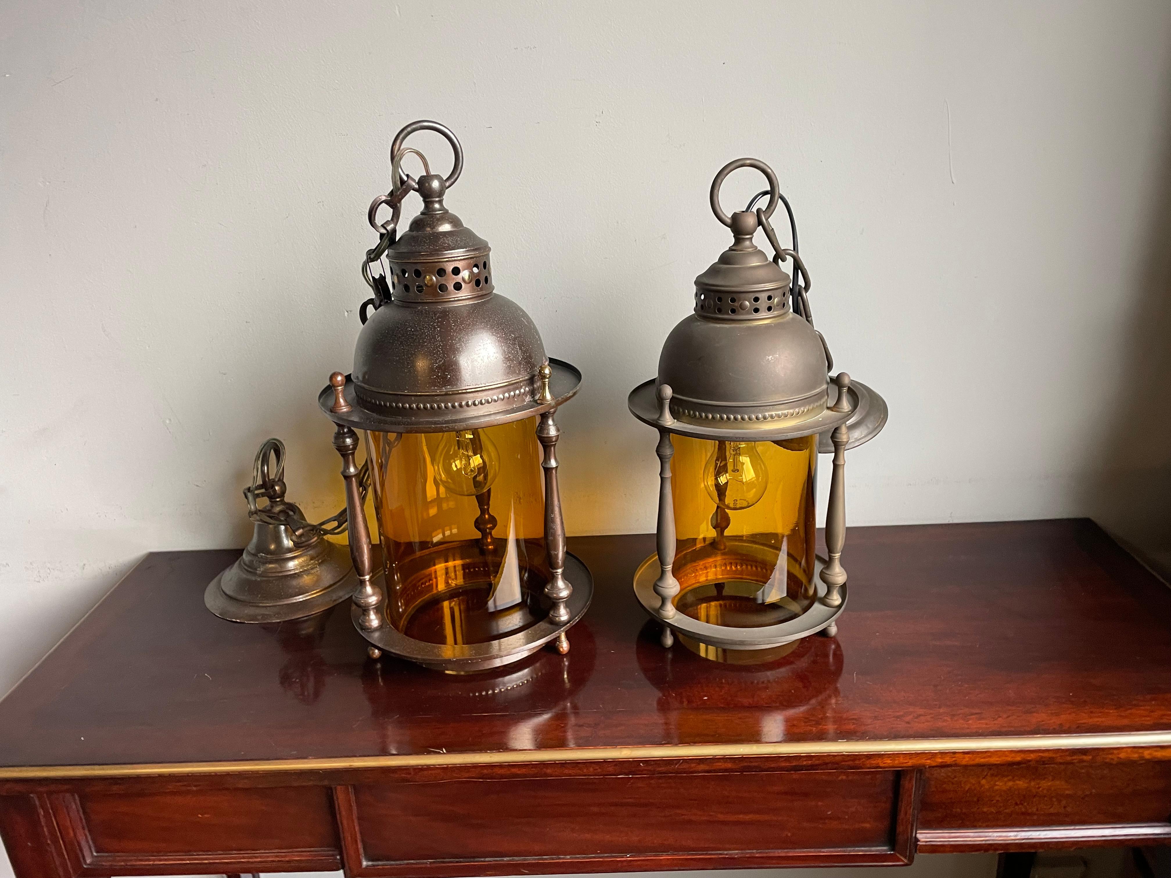 Dutch Arts & Crafts Brass & Cylindrical Glass Entry Hall Pendant / Light Fixture 8