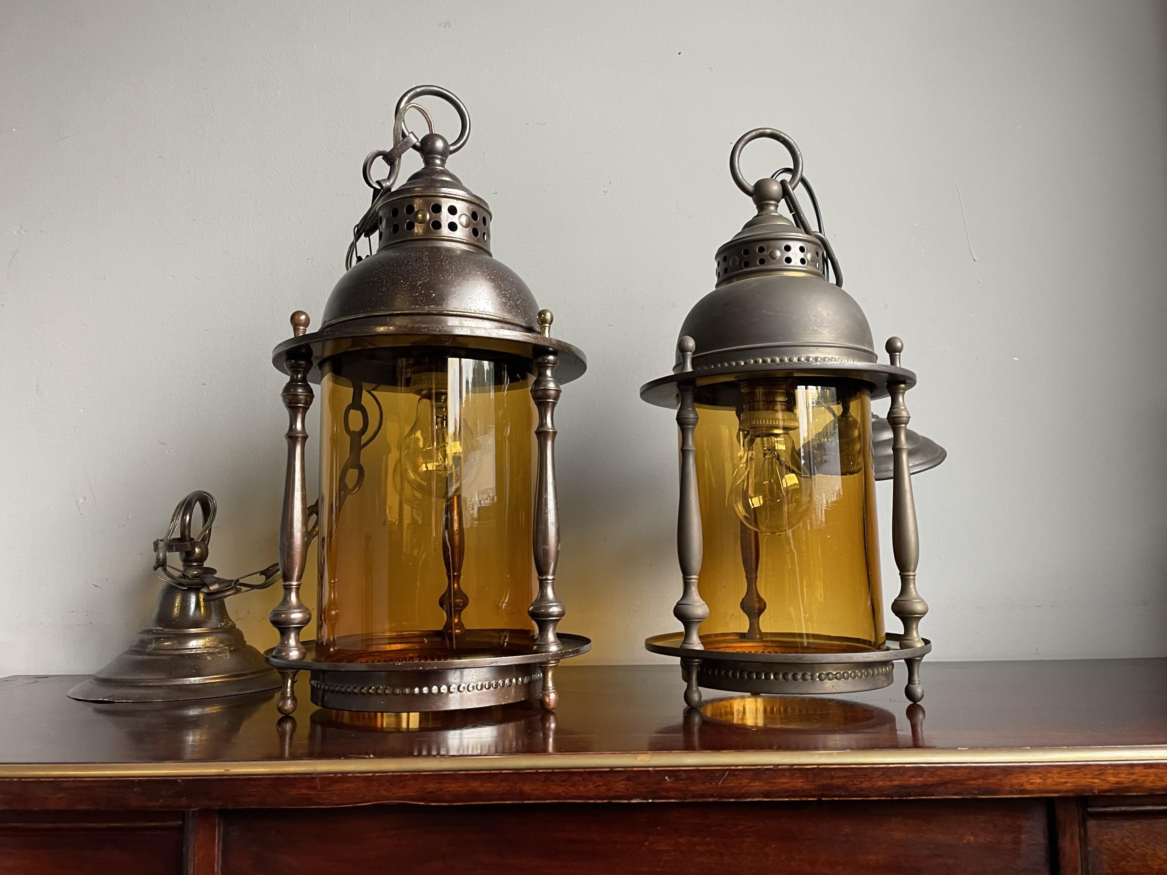 Dutch Arts & Crafts Brass & Cylindrical Glass Entry Hall Pendant / Light Fixture 9