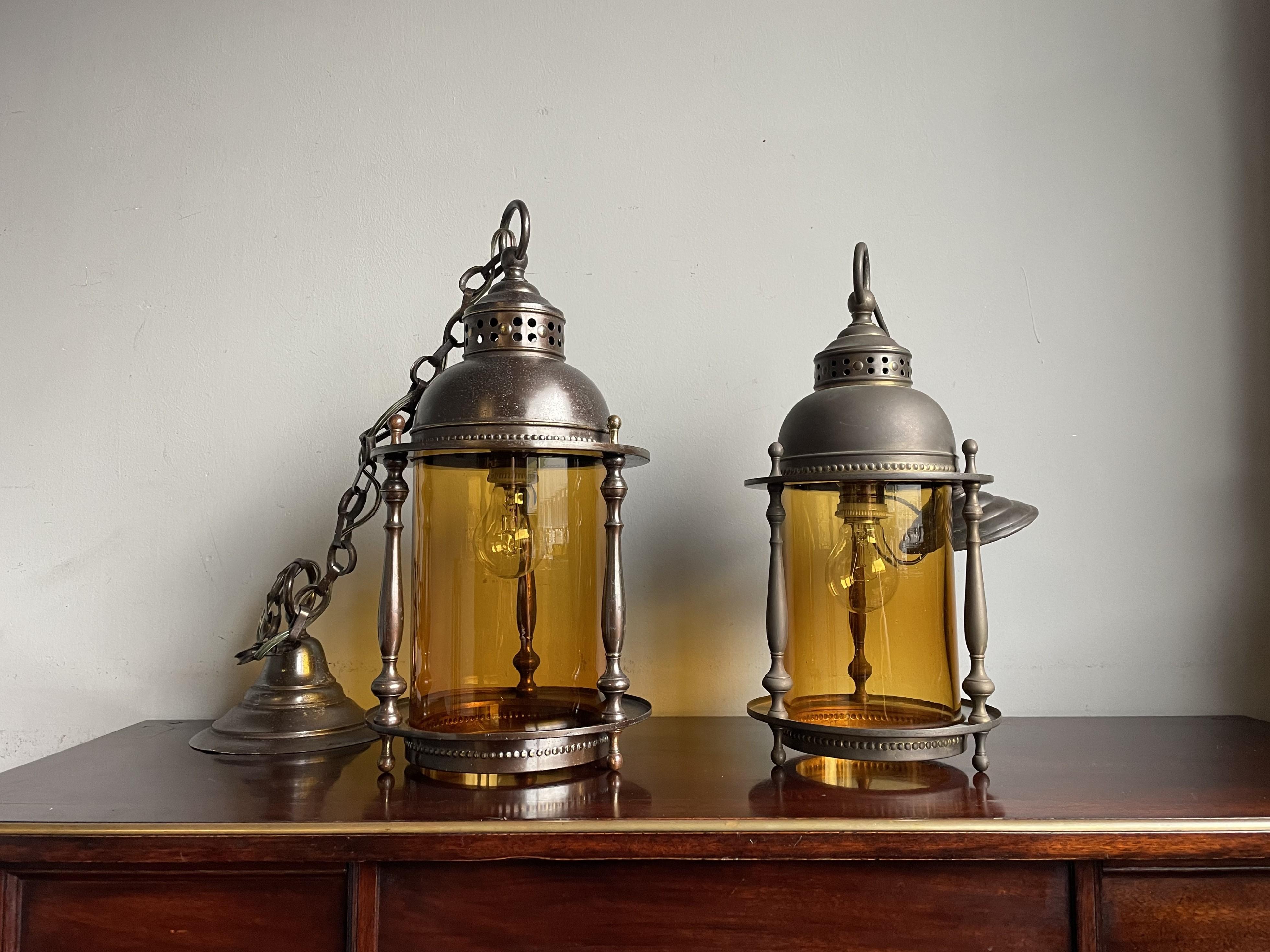 Dutch Arts & Crafts Brass & Cylindrical Glass Entry Hall Pendant / Light Fixture 10