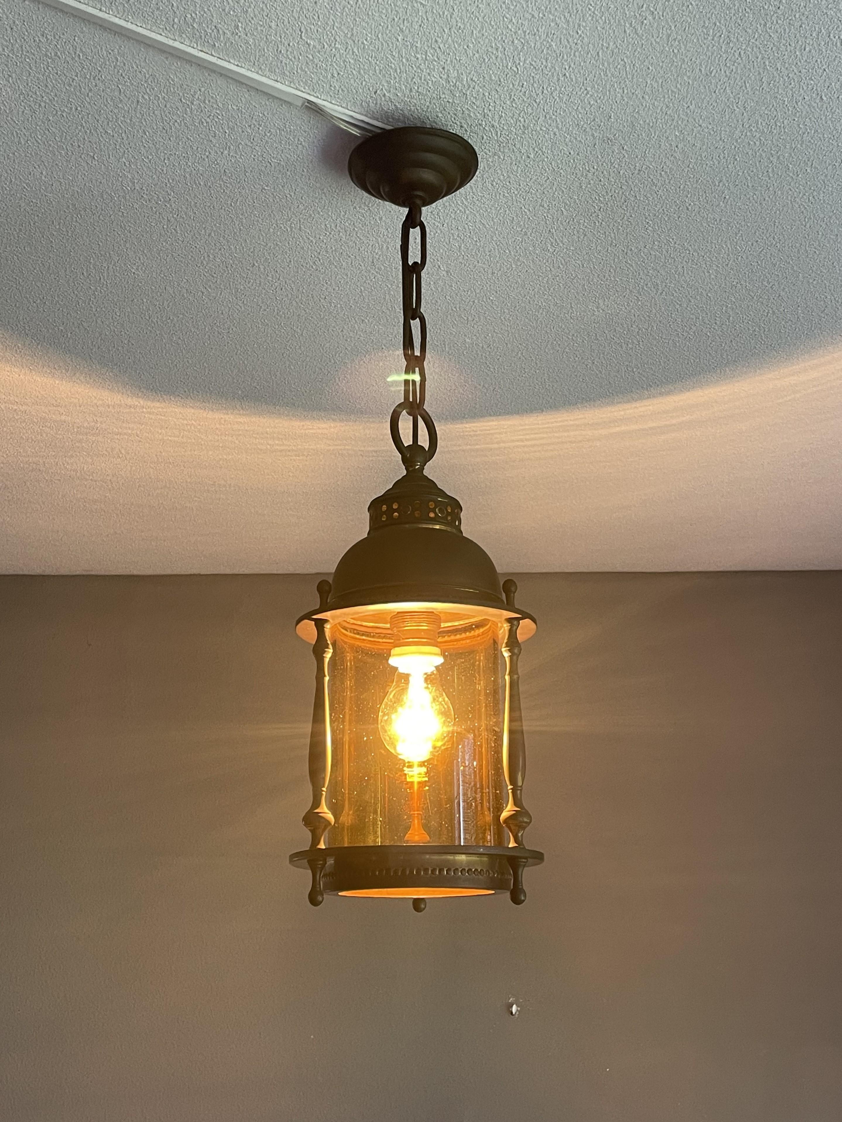 Dutch Arts & Crafts Brass & Cylindrical Glass Entry Hall Pendant / Light Fixture 11