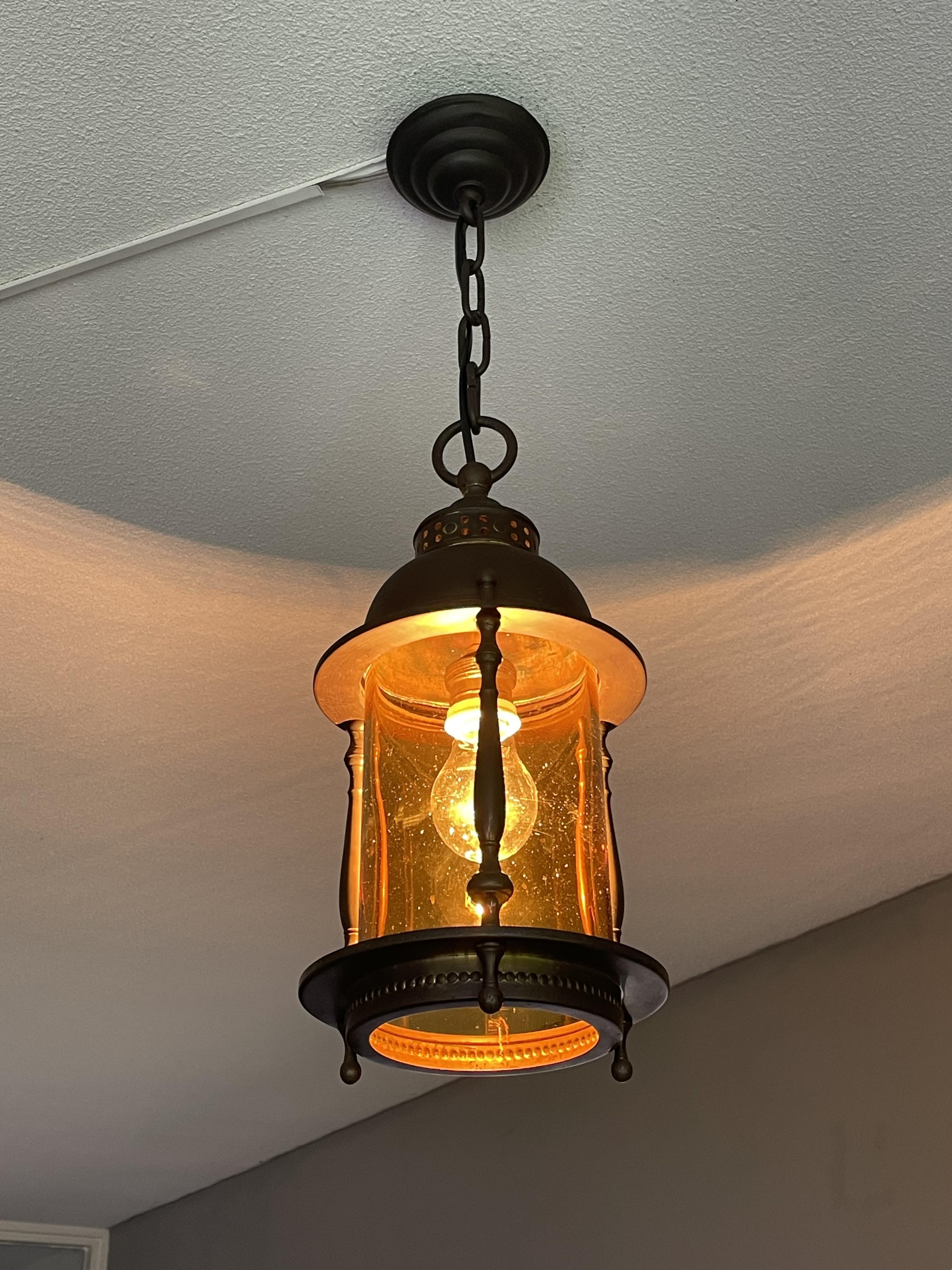 Dutch Arts & Crafts Brass & Cylindrical Glass Entry Hall Pendant / Light Fixture 12