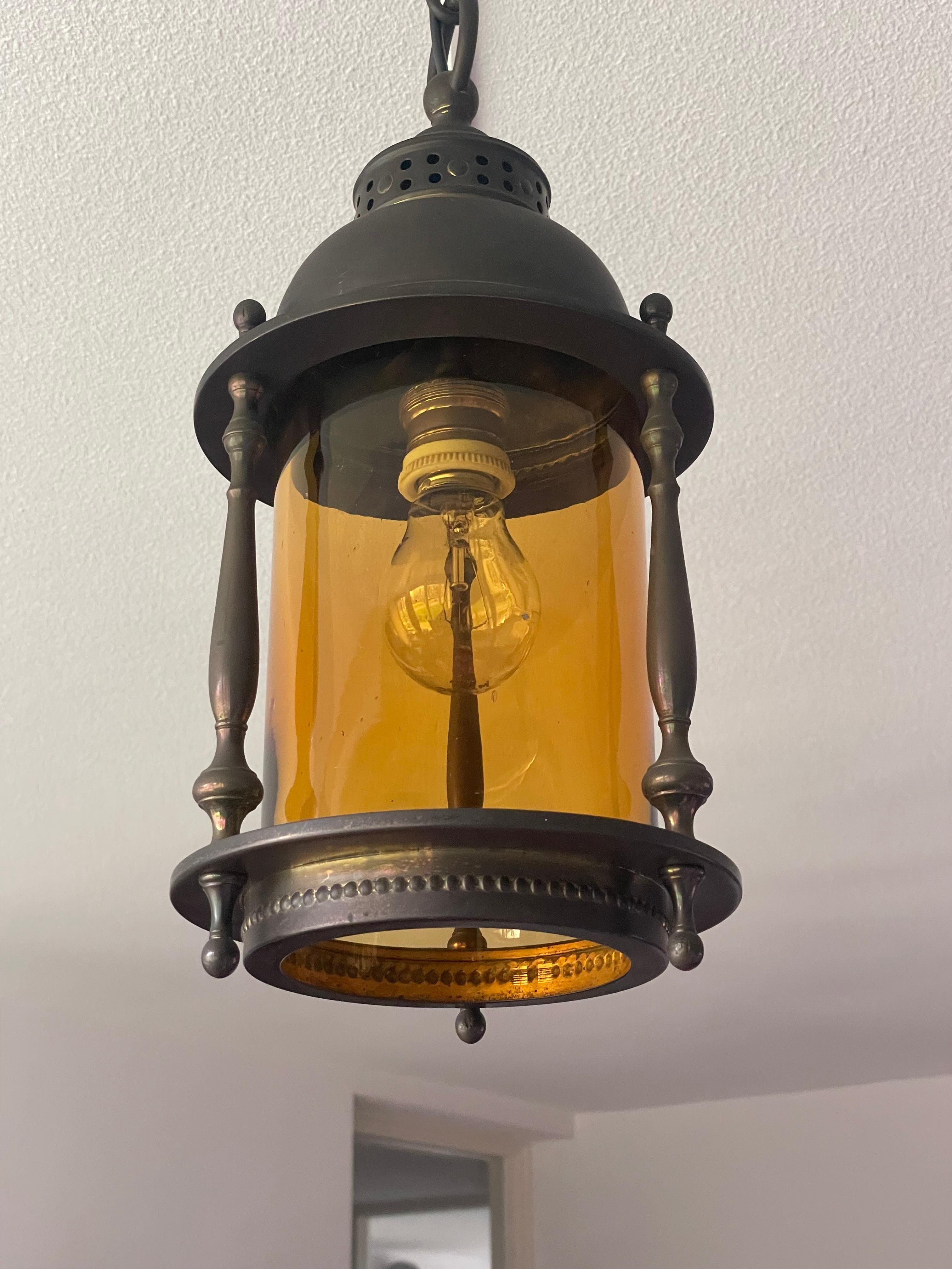 Dutch Arts & Crafts Brass & Cylindrical Glass Entry Hall Pendant / Light Fixture 13