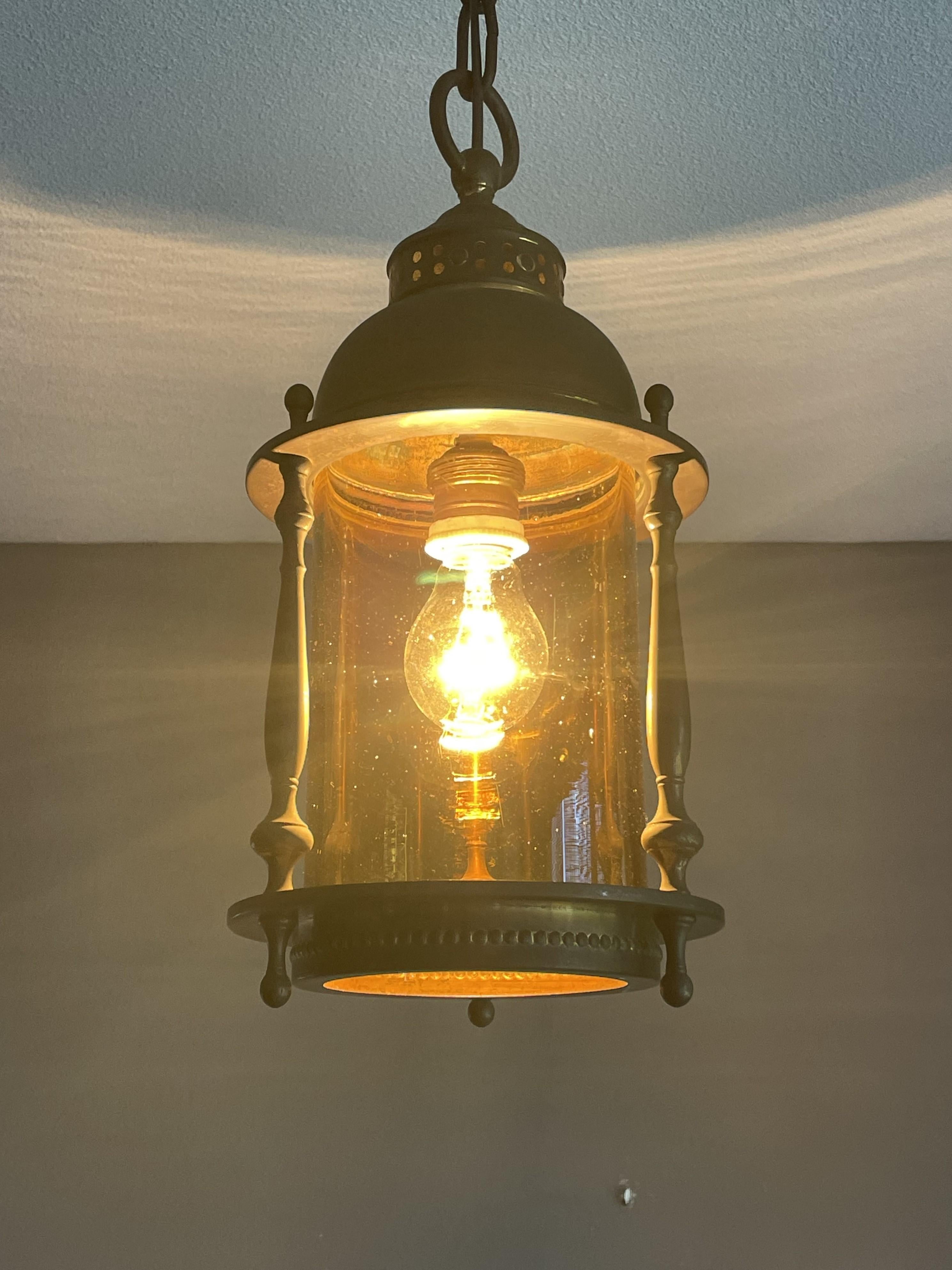 Dutch Arts & Crafts Brass & Cylindrical Glass Entry Hall Pendant / Light Fixture 14