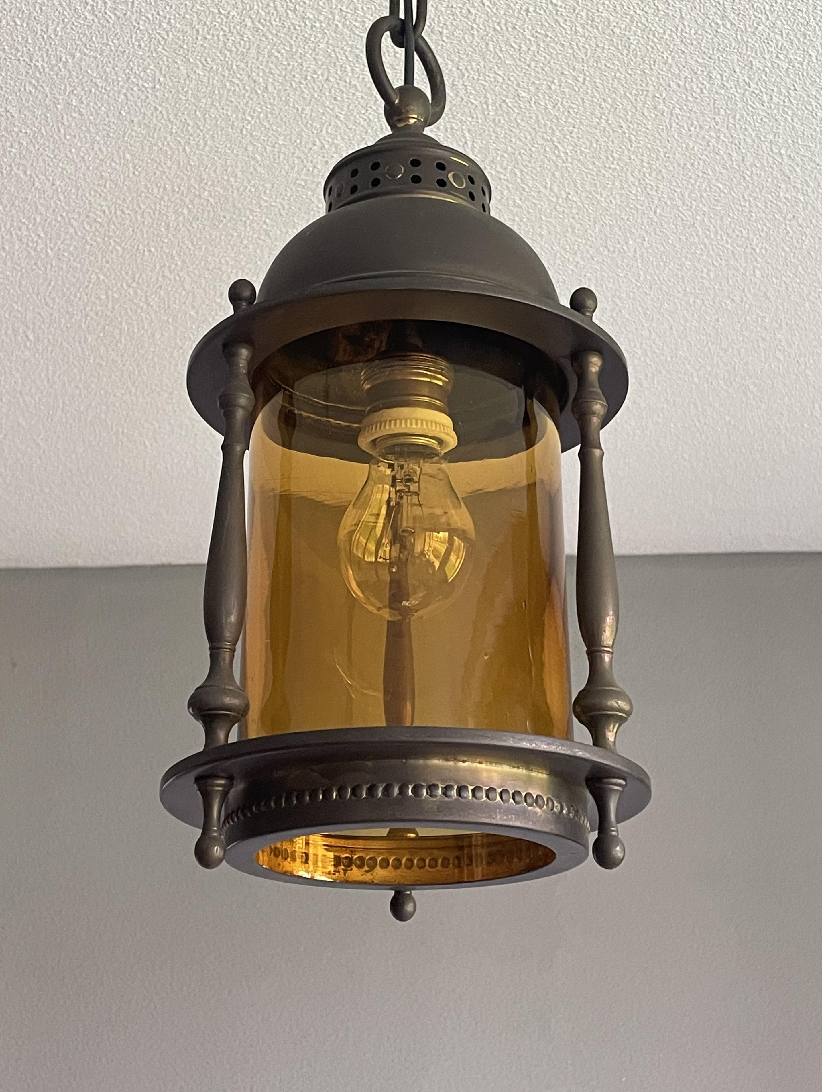 Arts and Crafts Dutch Arts & Crafts Brass & Cylindrical Glass Entry Hall Pendant / Light Fixture