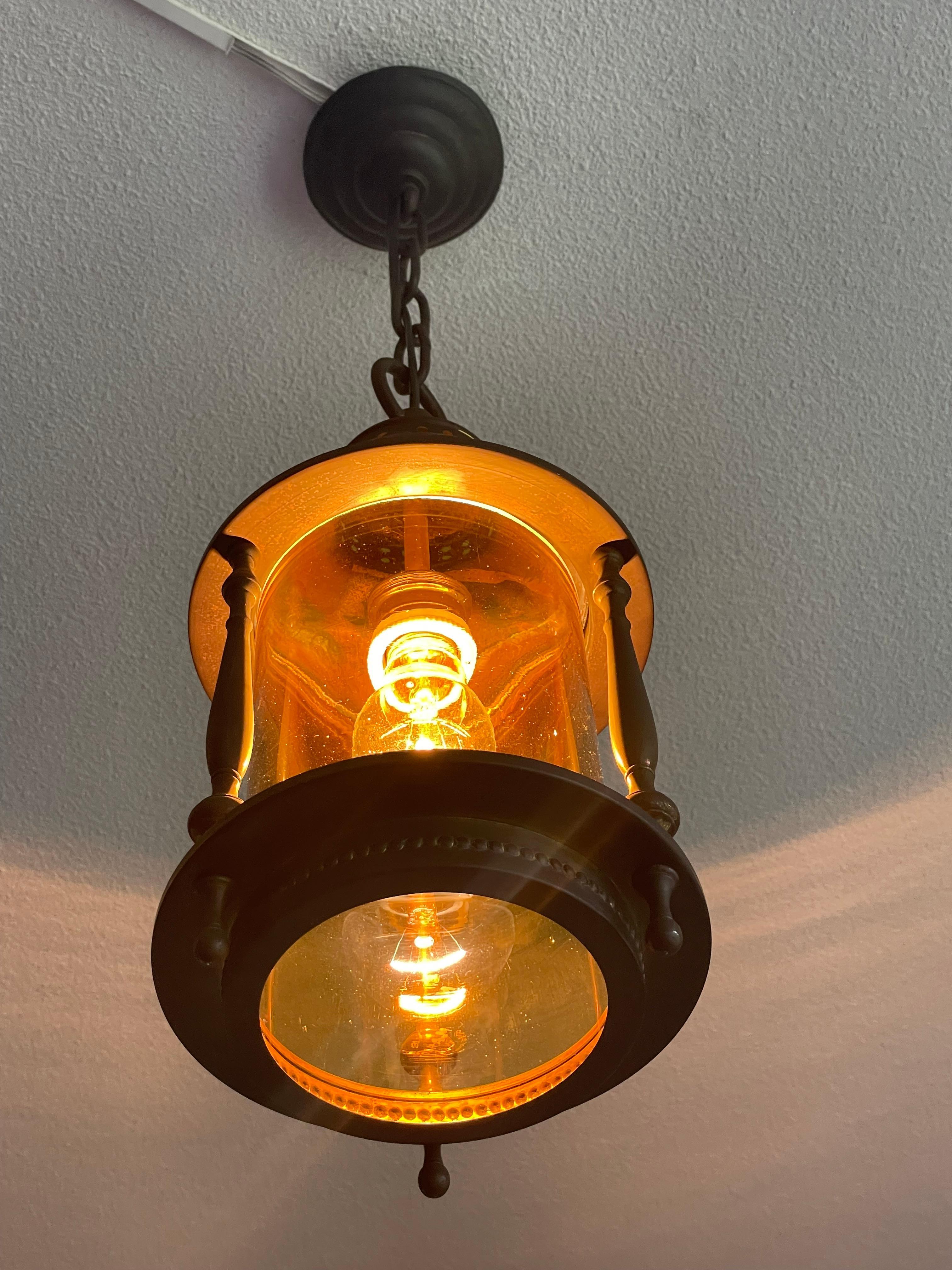 Cast Dutch Arts & Crafts Brass & Cylindrical Glass Entry Hall Pendant / Light Fixture