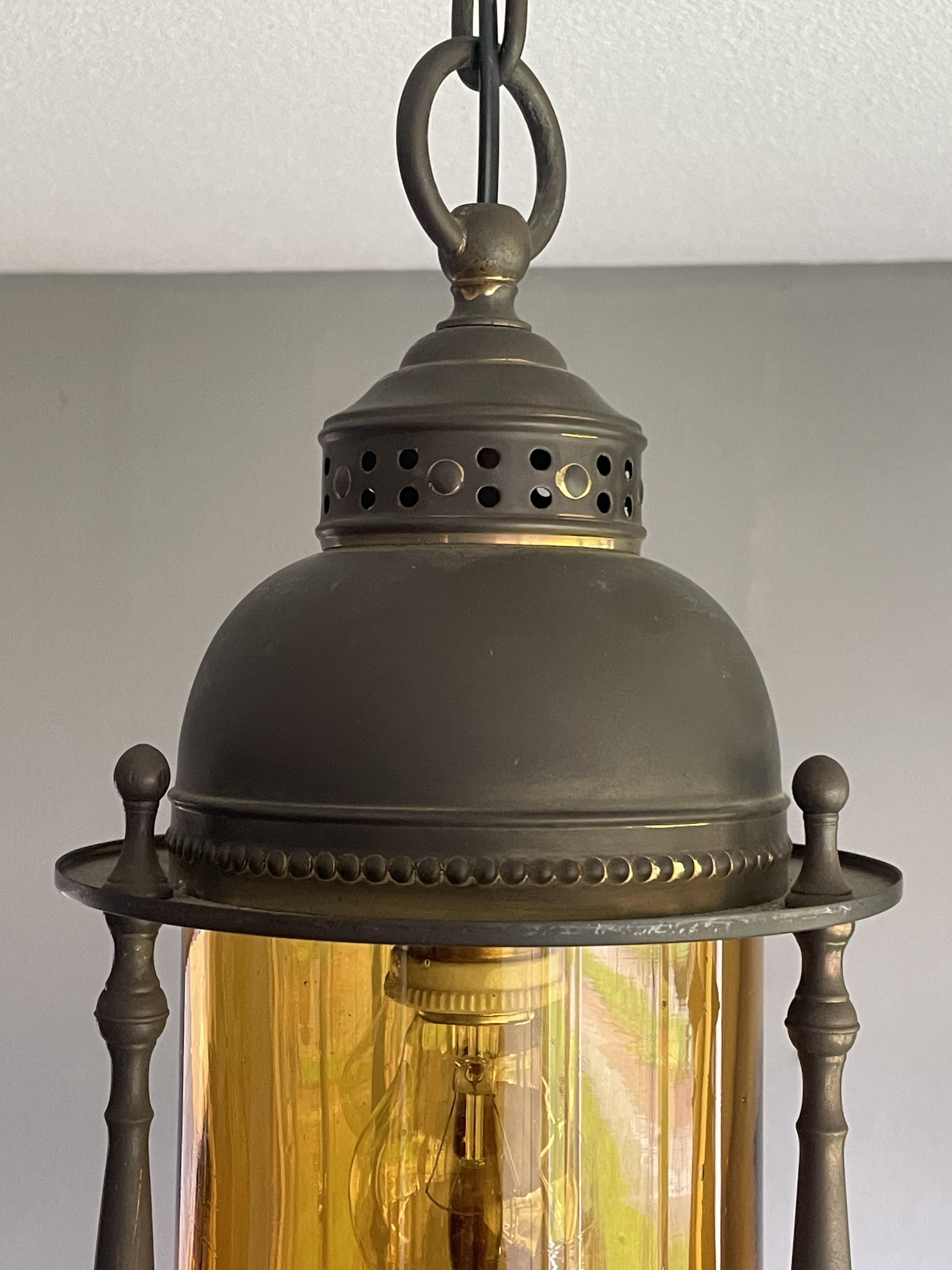 20th Century Dutch Arts & Crafts Brass & Cylindrical Glass Entry Hall Pendant / Light Fixture