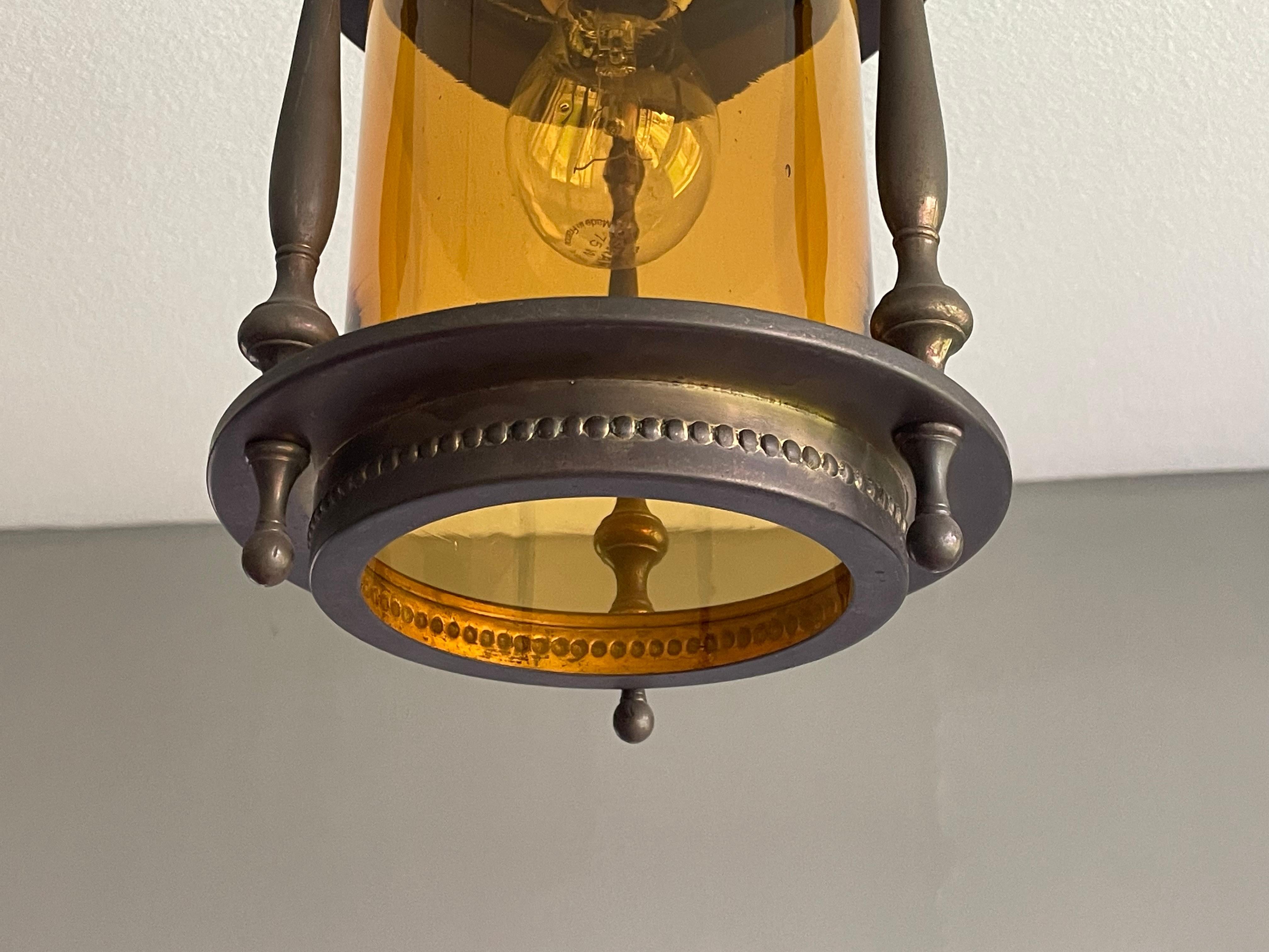 Dutch Arts & Crafts Brass & Cylindrical Glass Entry Hall Pendant / Light Fixture 2