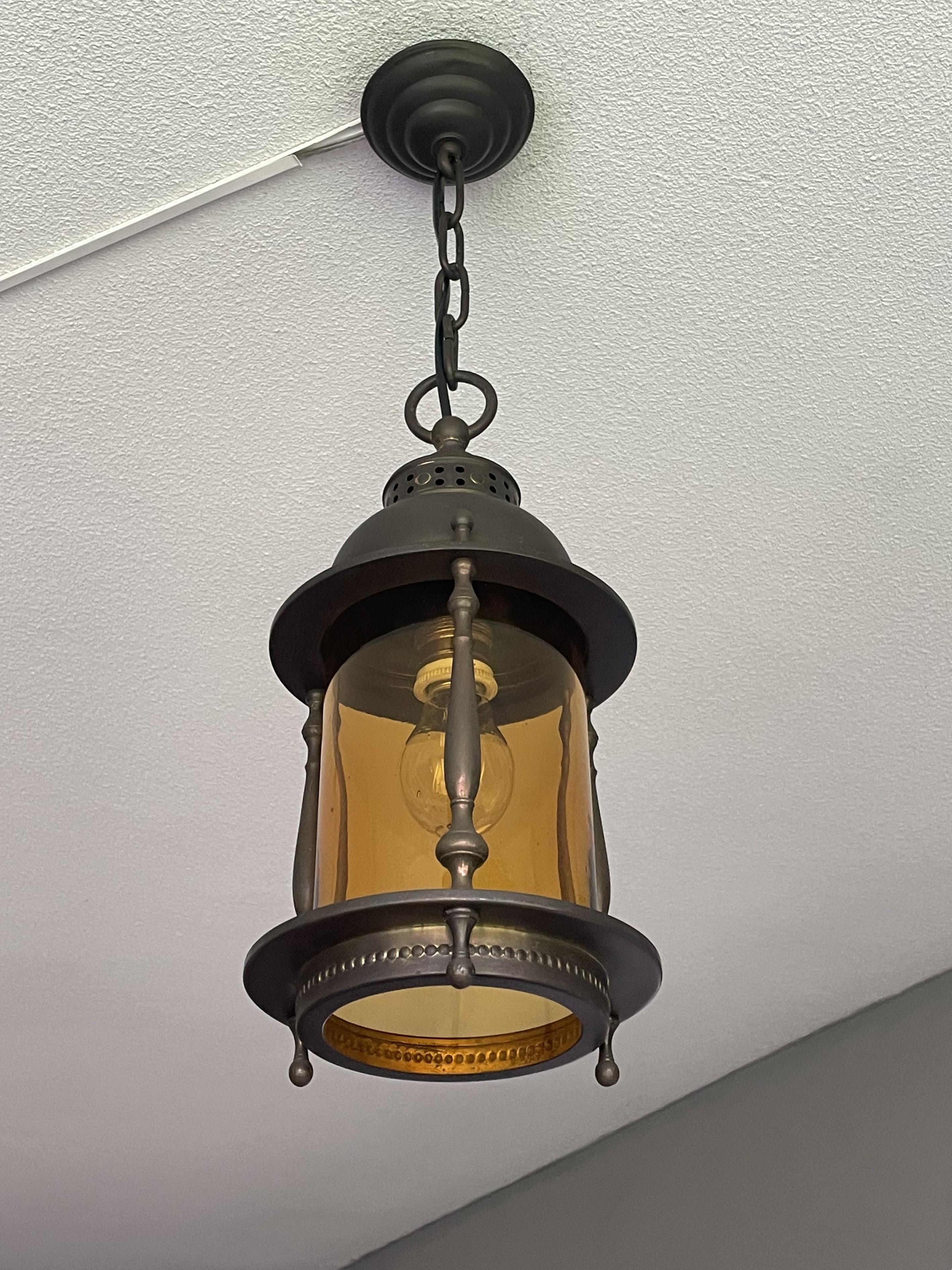 Dutch Arts & Crafts Brass & Cylindrical Glass Entry Hall Pendant / Light Fixture 3