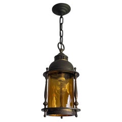 Dutch Arts & Crafts Brass & Cylindrical Glass Entry Hall Pendant / Light Fixture